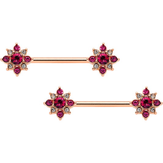 14G Red Gem Rose Gold Tone Rococo Star Barbell Nipple Ring Set