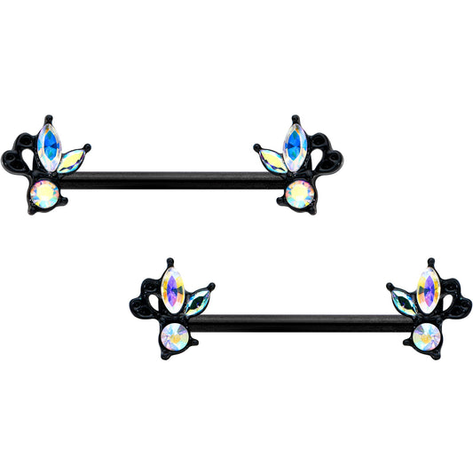 14G 19mm Aurora CZ Gem Black Fleur de Lis Butterfly Barbell Nipple Ring Set