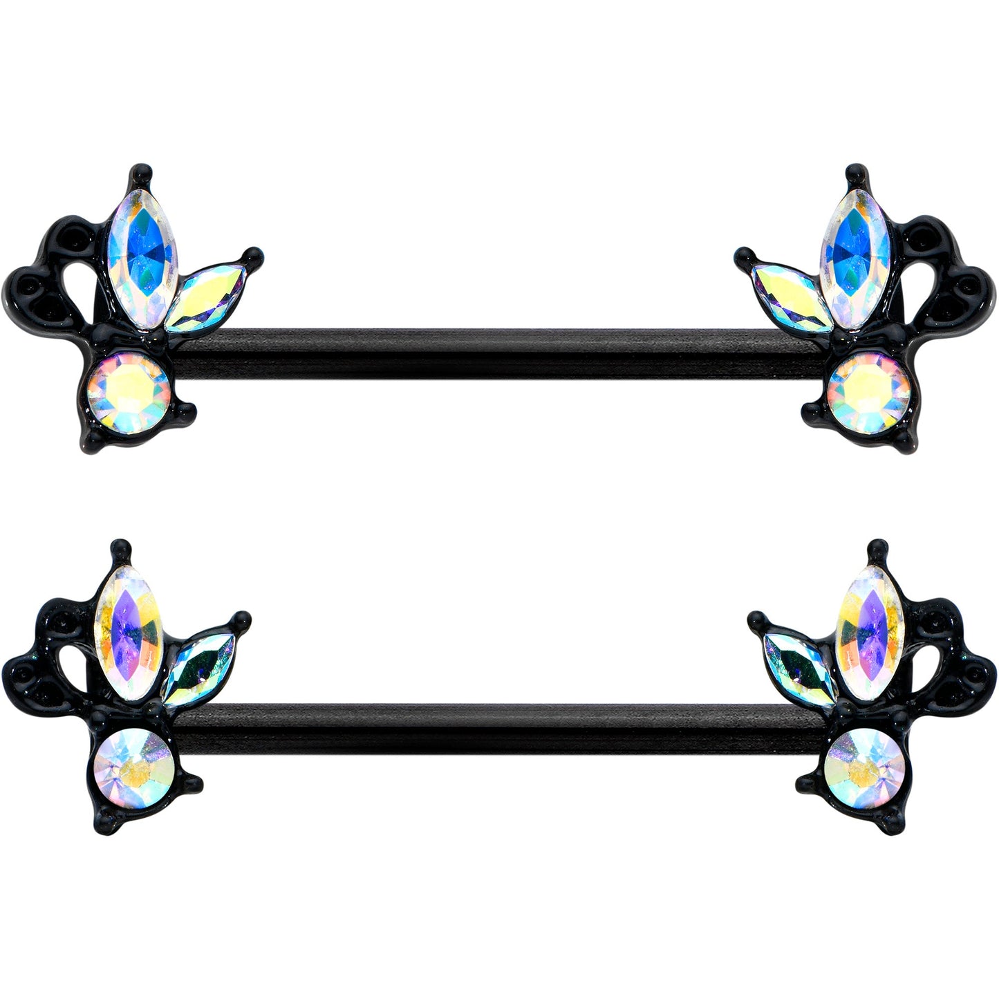 14G 19mm Aurora CZ Gem Black Fleur de Lis Butterfly Barbell Nipple Ring Set