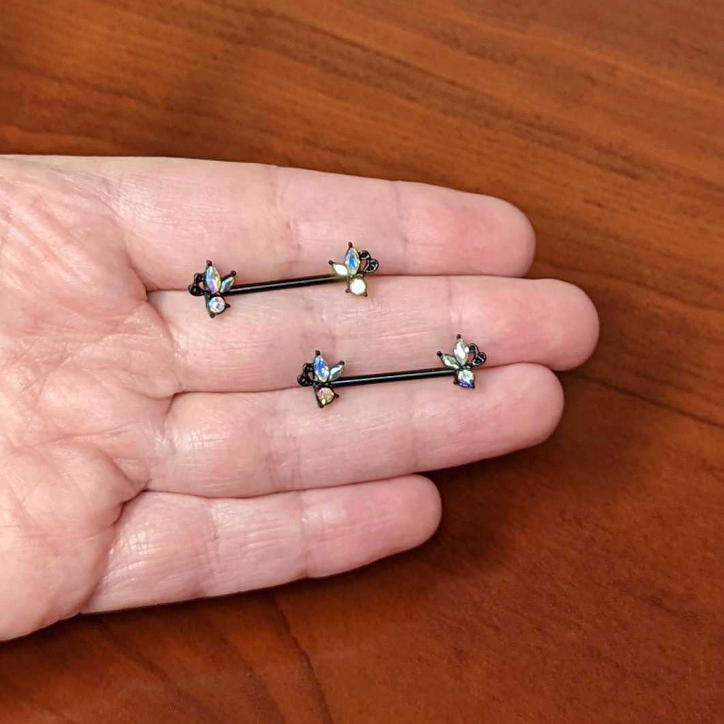 14G 19mm Aurora CZ Gem Black Fleur de Lis Butterfly Barbell Nipple Ring Set