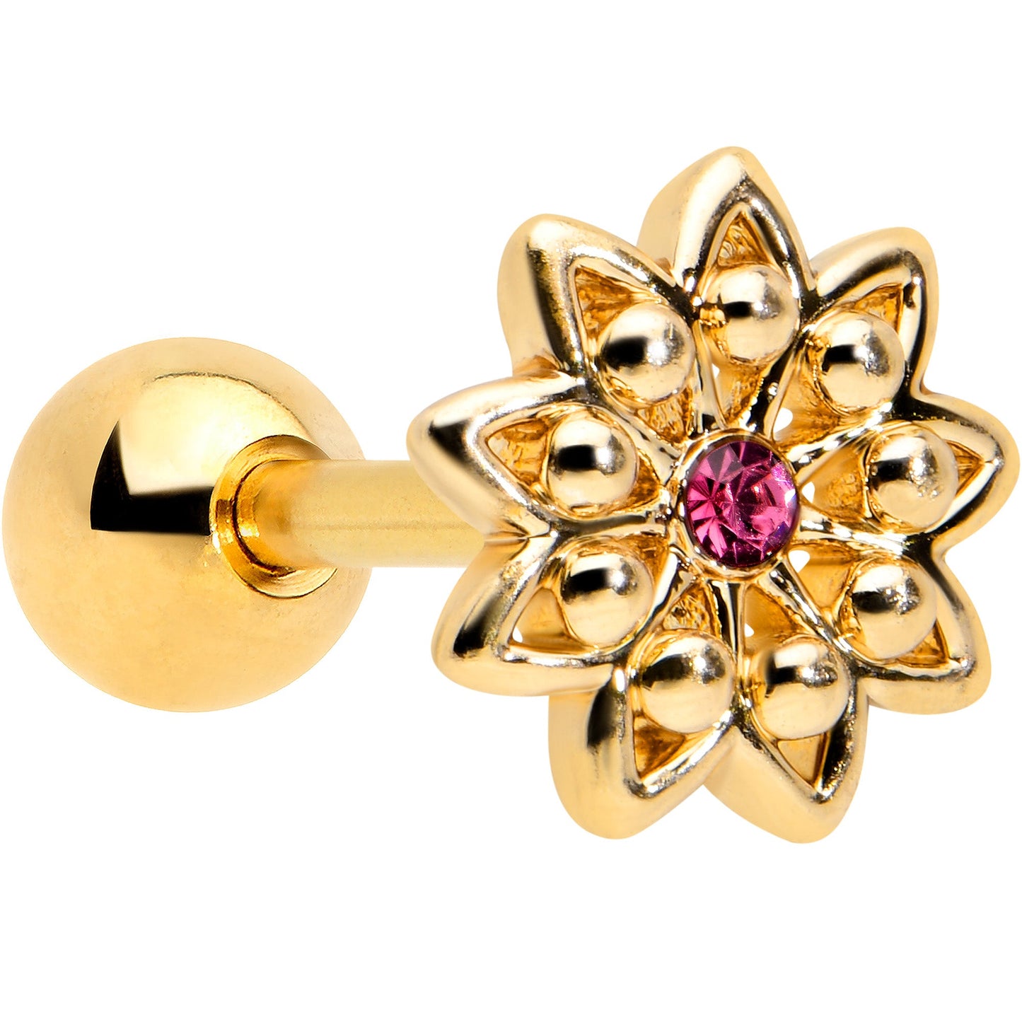 16G 1/4 Pink Gem Gold Tone Starry Flower Cartilage Tragus Earring