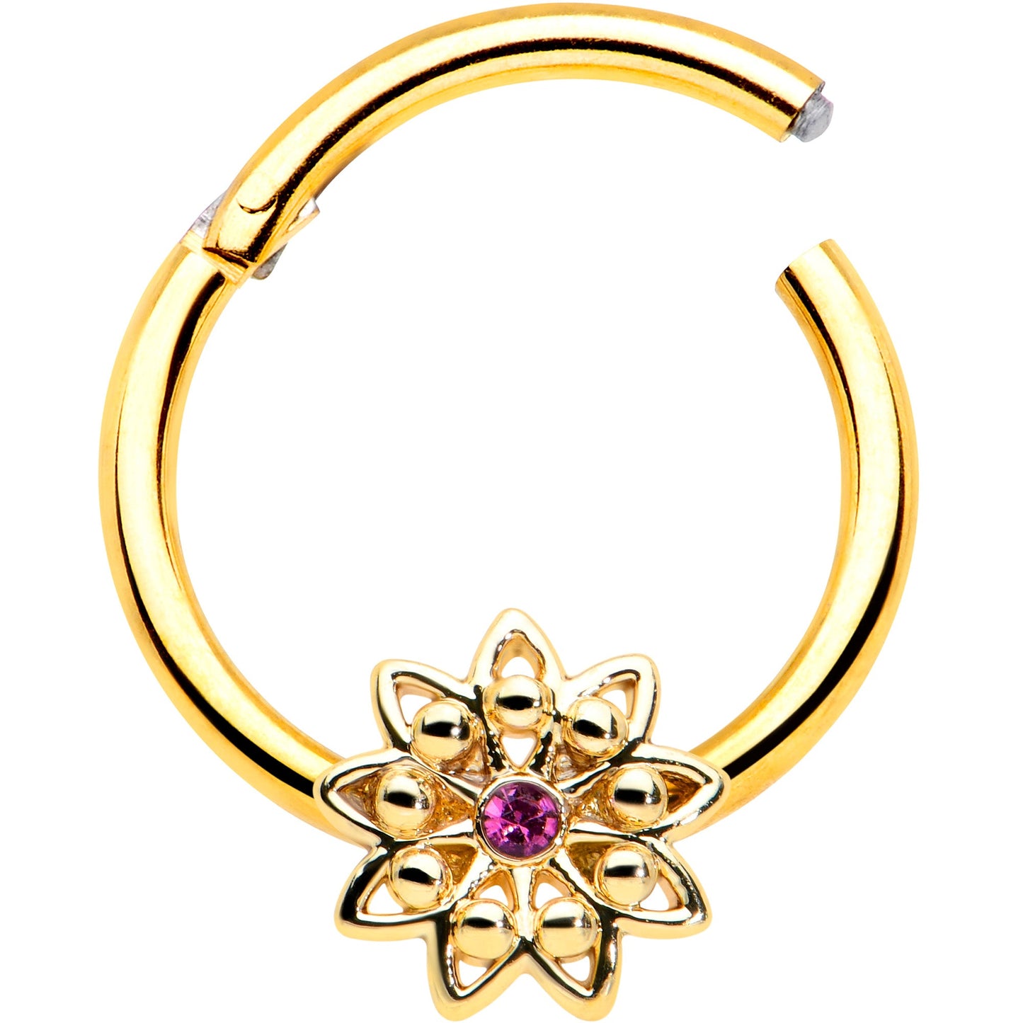 16G 3/8 Pink Gem Gold Tone Starry Flower Hinged Segment Ring