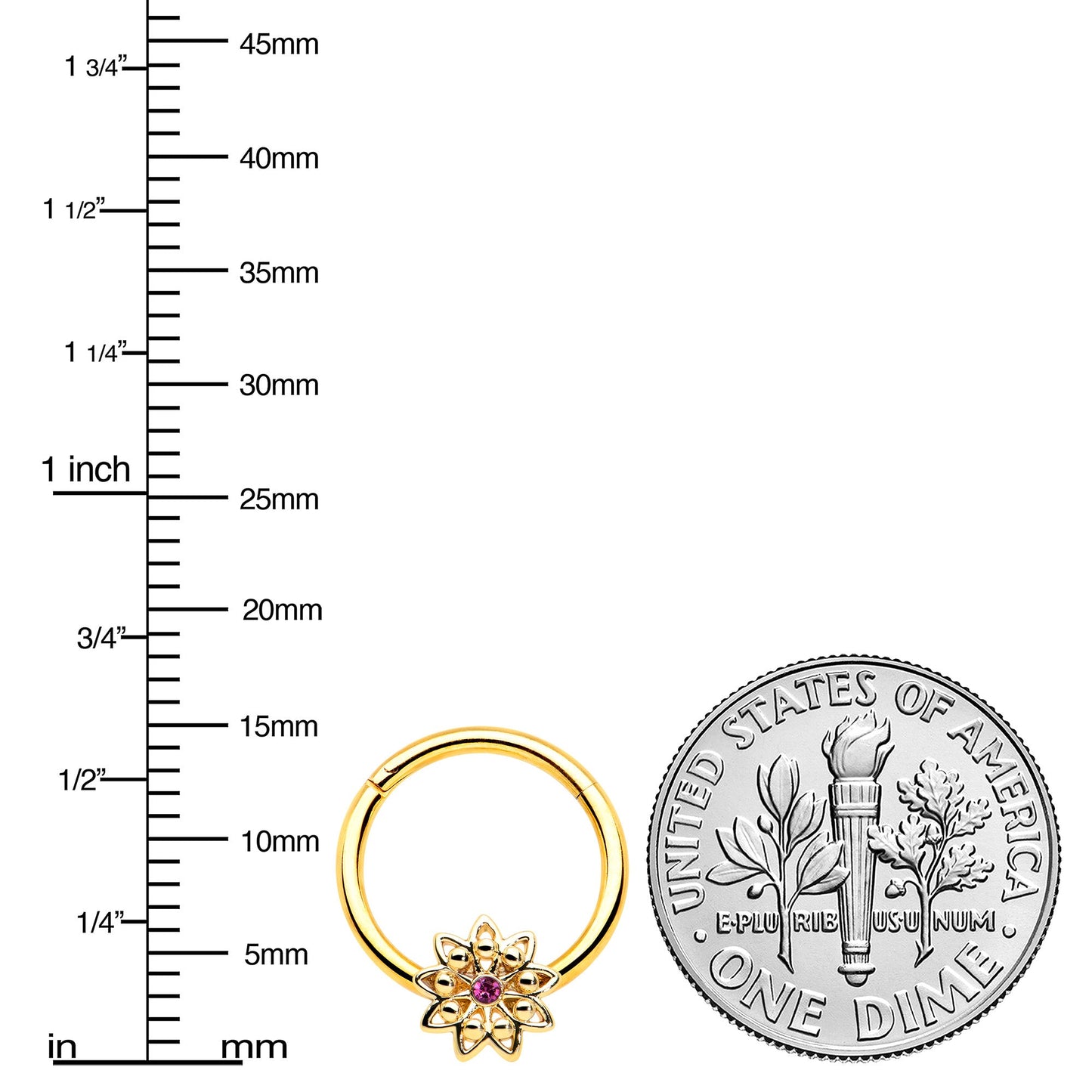 16G 3/8 Pink Gem Gold Tone Starry Flower Hinged Segment Ring