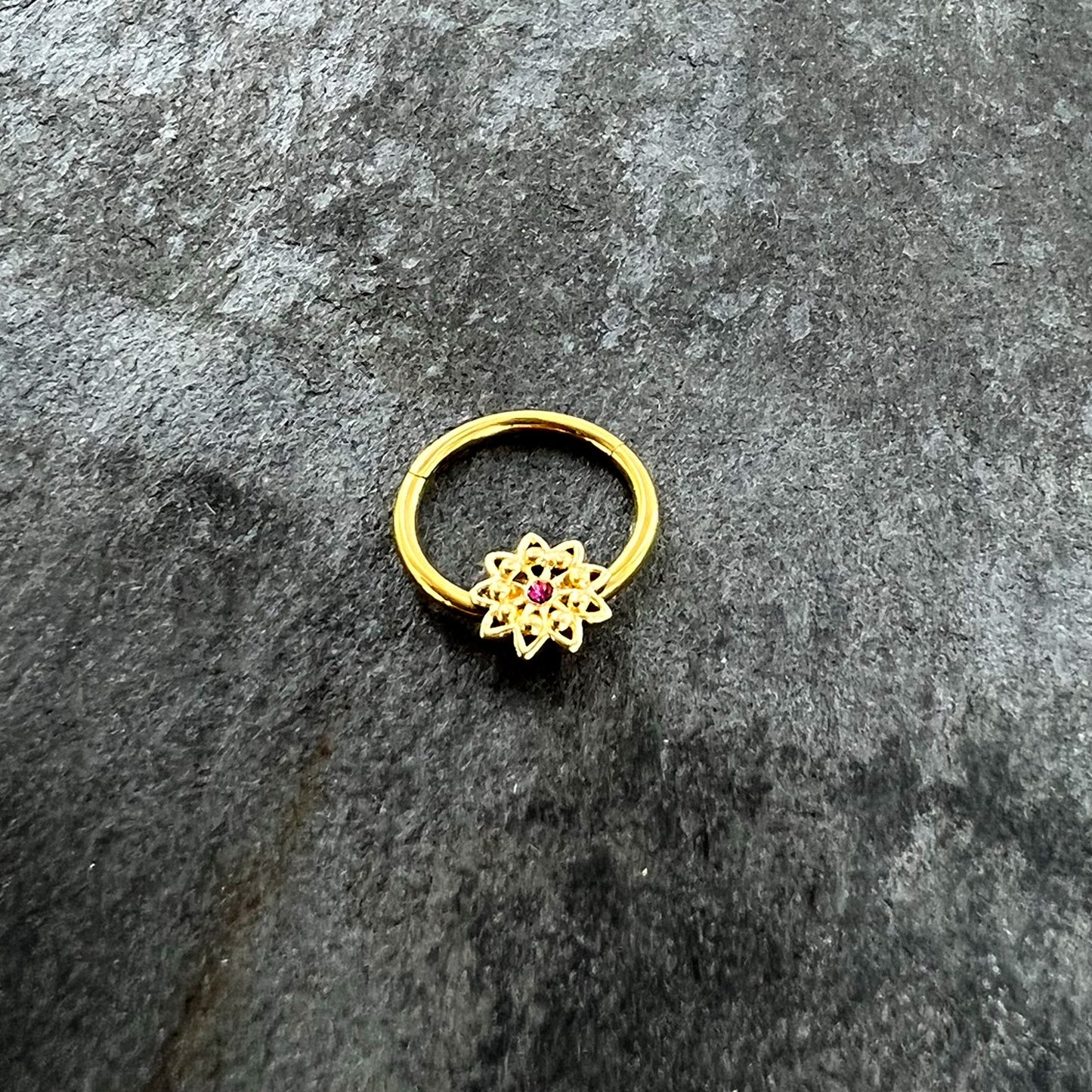 16G 3/8 Pink Gem Gold Tone Starry Flower Hinged Segment Ring