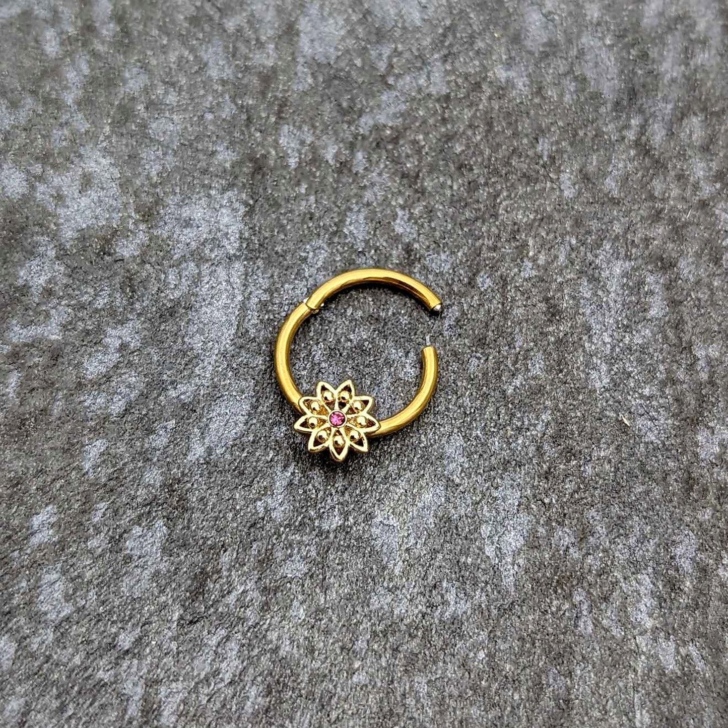 16G 3/8 Pink Gem Gold Tone Starry Flower Hinged Segment Ring