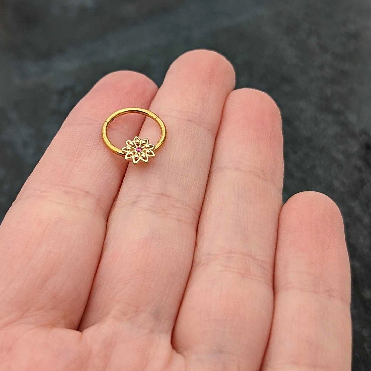 16G 3/8 Pink Gem Gold Tone Starry Flower Hinged Segment Ring