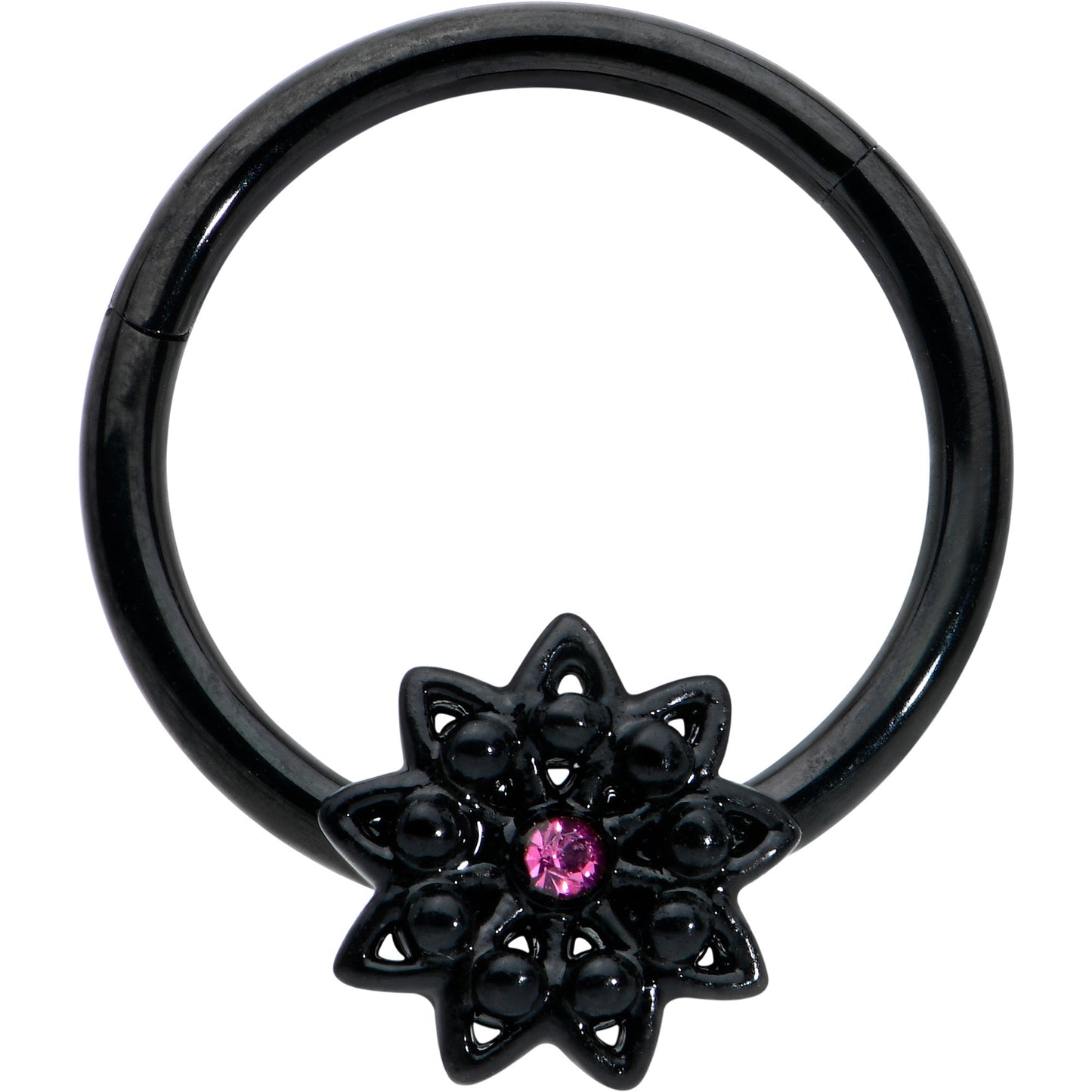 16G 3/8 Pink Gem Black Starry Flower Hinged Segment Ring