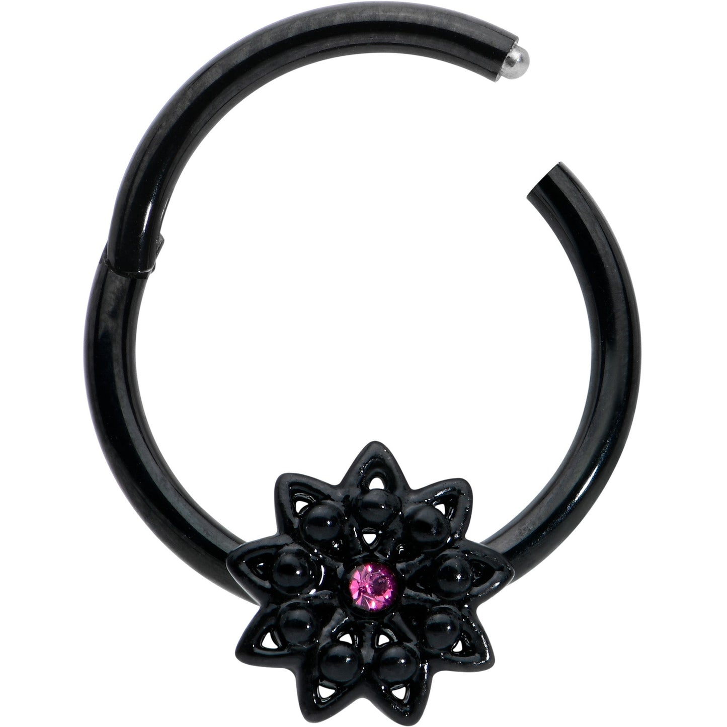 16G 3/8 Pink Gem Black Starry Flower Hinged Segment Ring