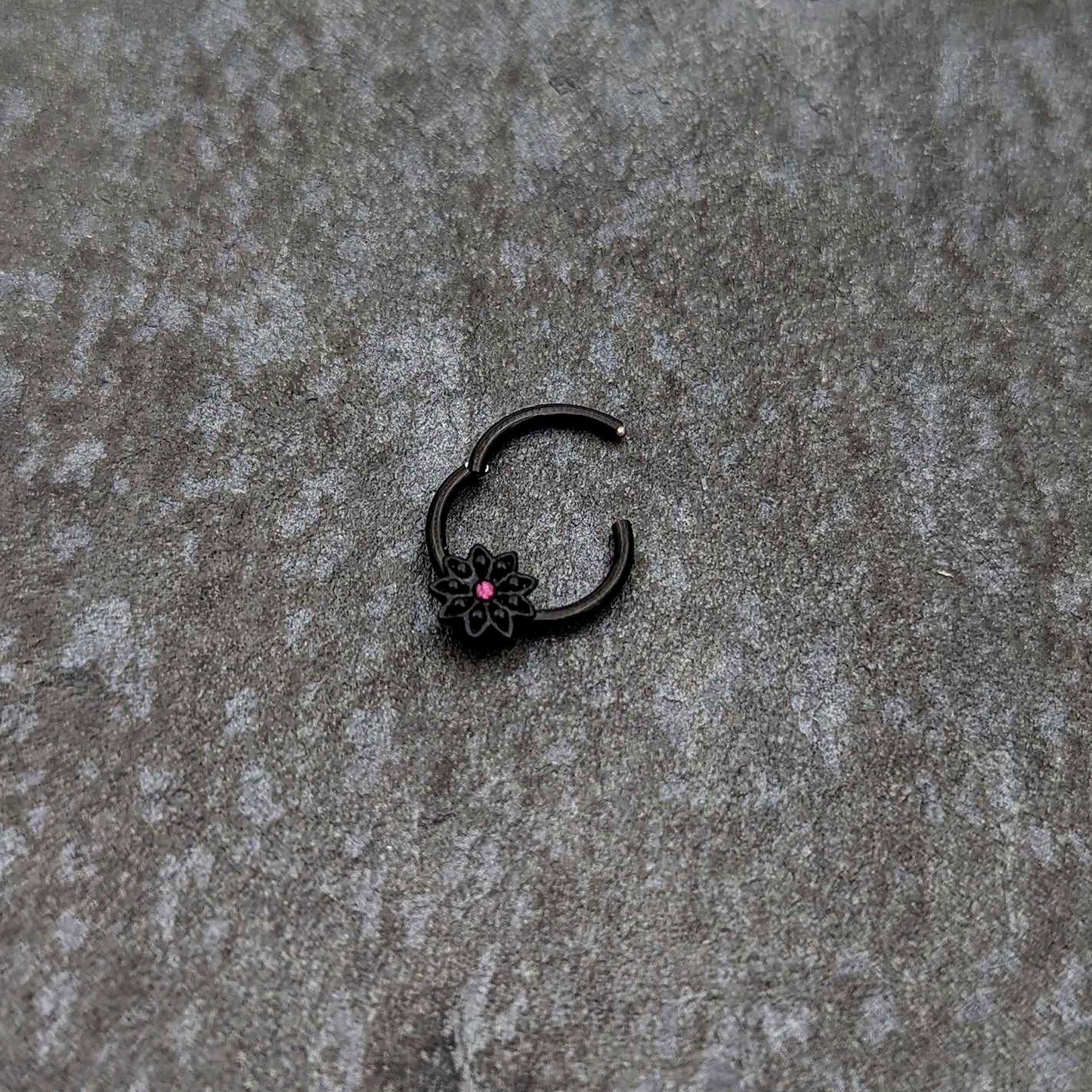 16G 3/8 Pink Gem Black Starry Flower Hinged Segment Ring