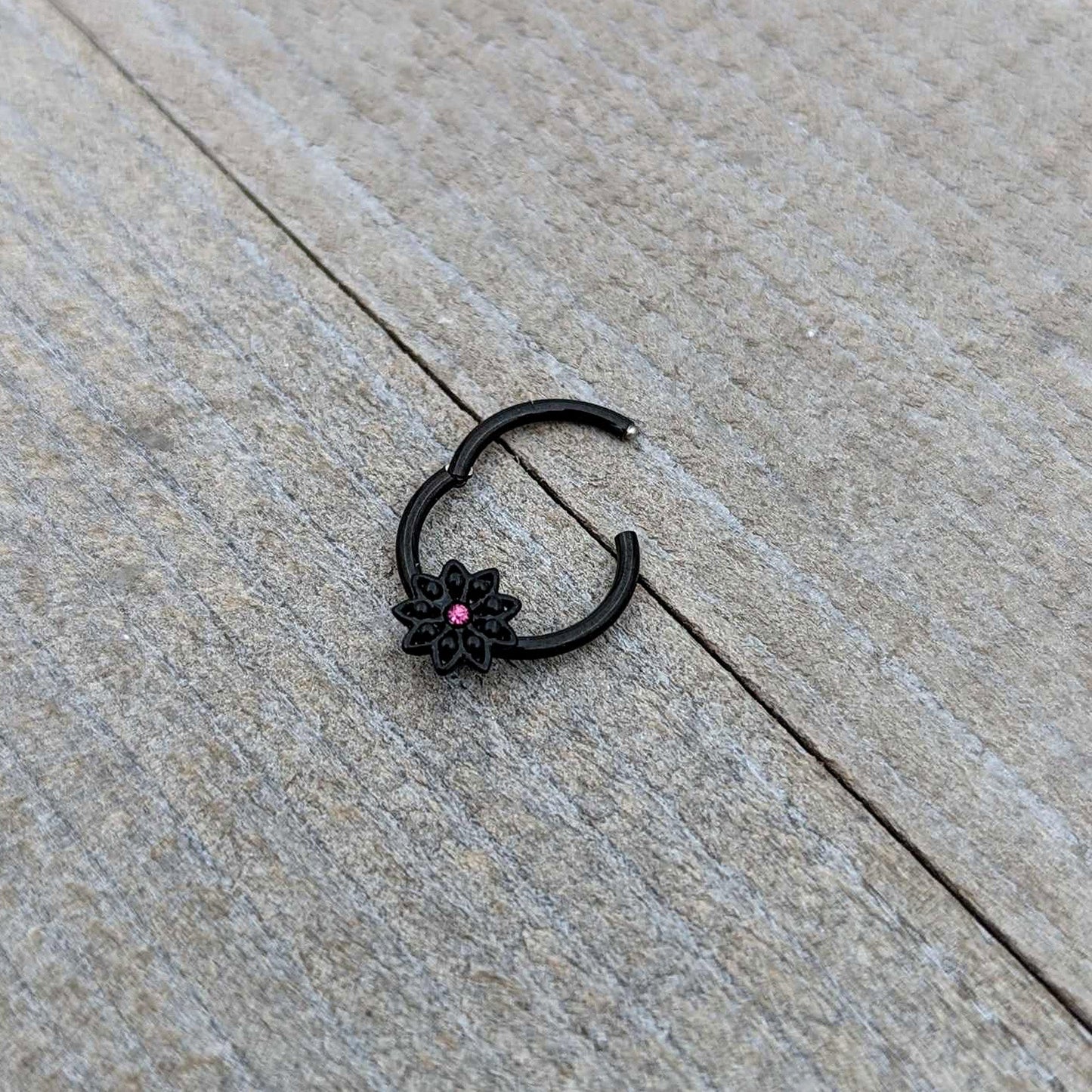 16G 3/8 Pink Gem Black Starry Flower Hinged Segment Ring