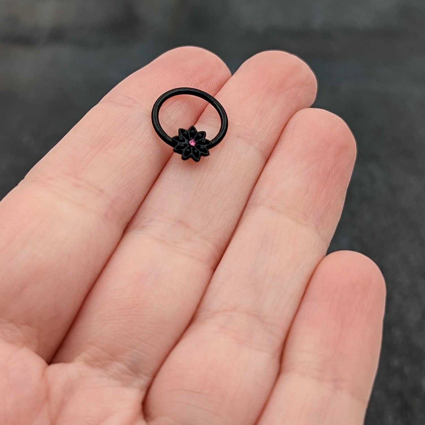 16G 3/8 Pink Gem Black Starry Flower Hinged Segment Ring