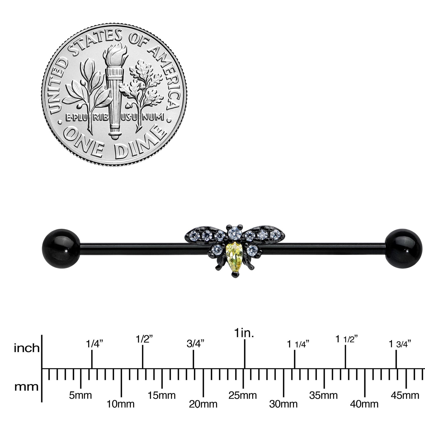 14G Yellow Clear Gem Black Butterfly Industrial Barbell 38mm