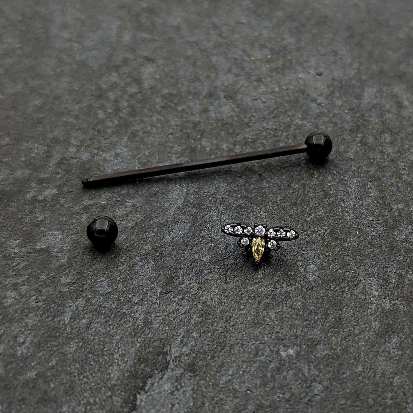 14G Yellow Clear Gem Black Butterfly Industrial Barbell 38mm