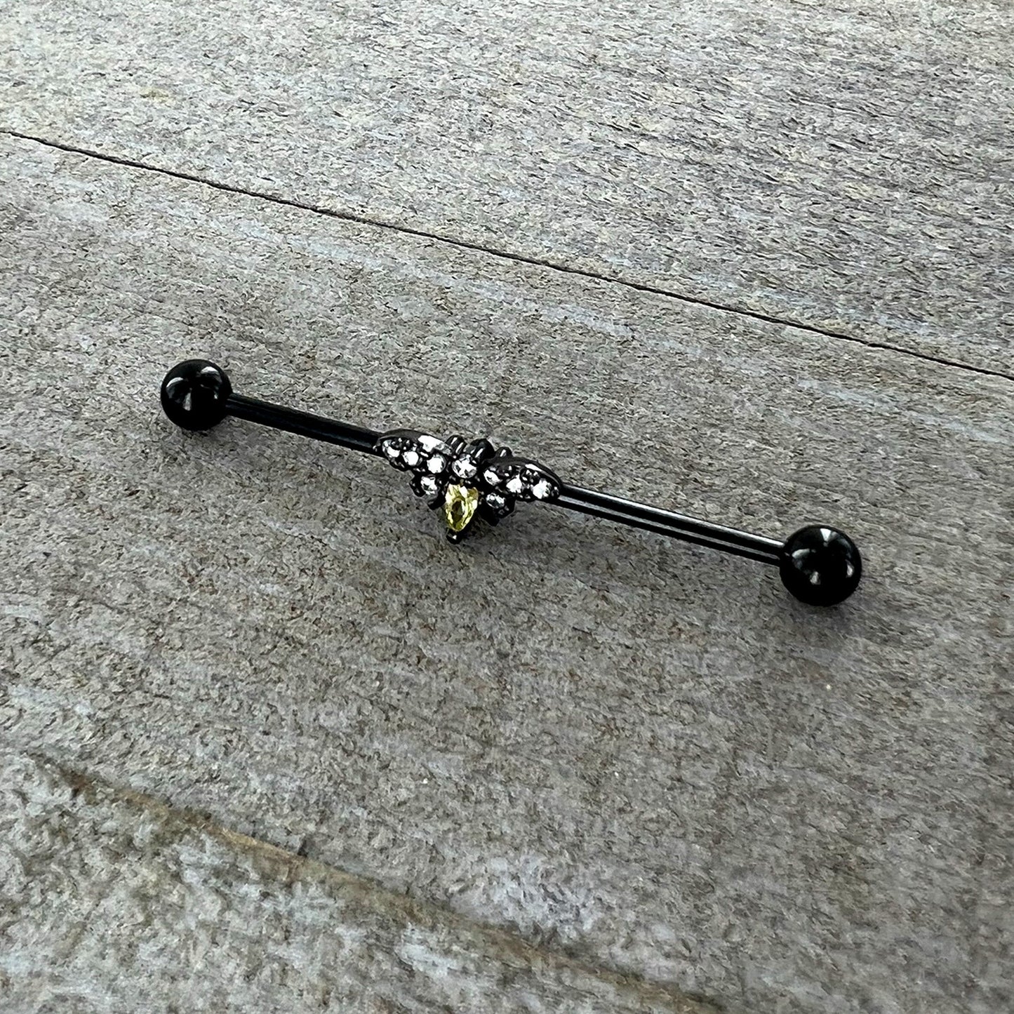 14G Yellow Clear Gem Black Butterfly Industrial Barbell 38mm