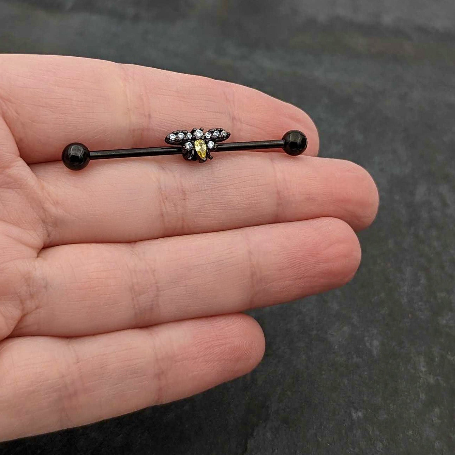 14G Yellow Clear Gem Black Butterfly Industrial Barbell 38mm