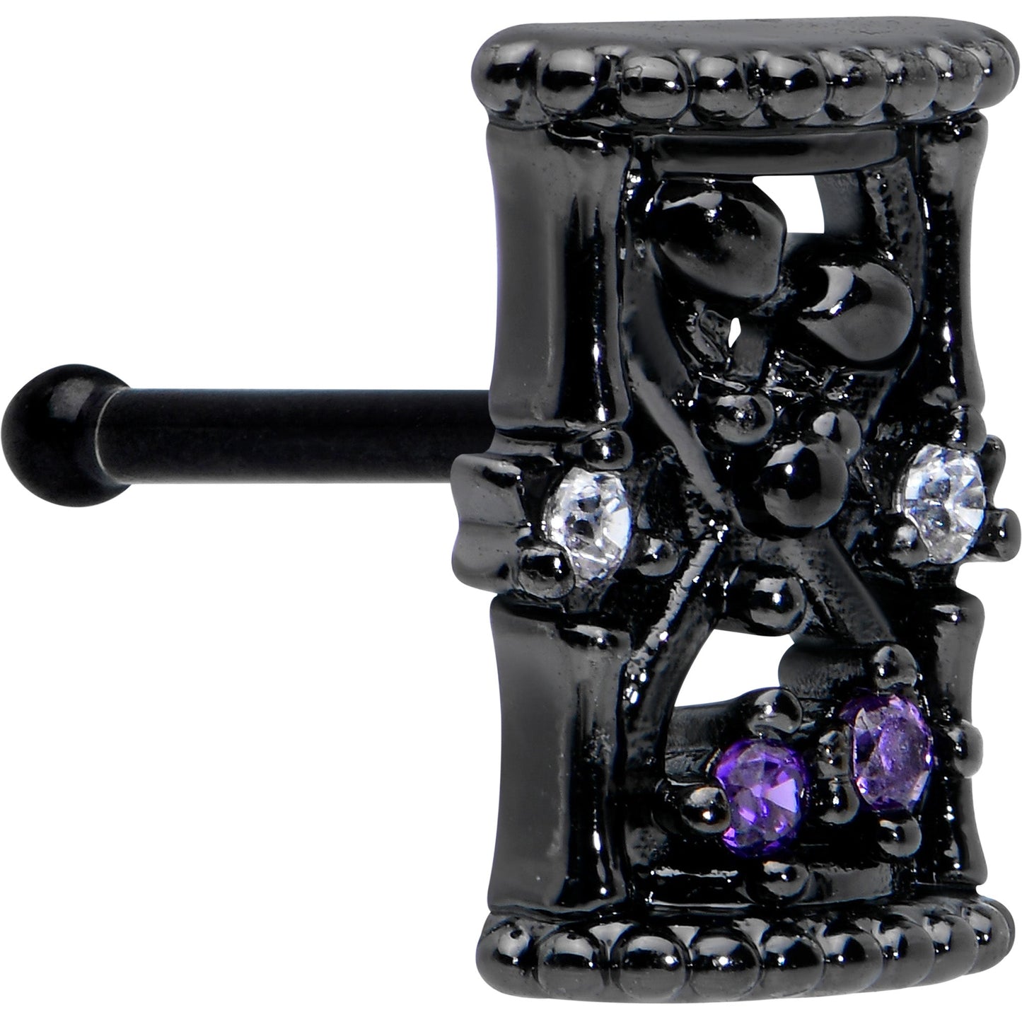 20G 1/4 Purple Clear Gem Black Gothic Hourglass Nose Bone