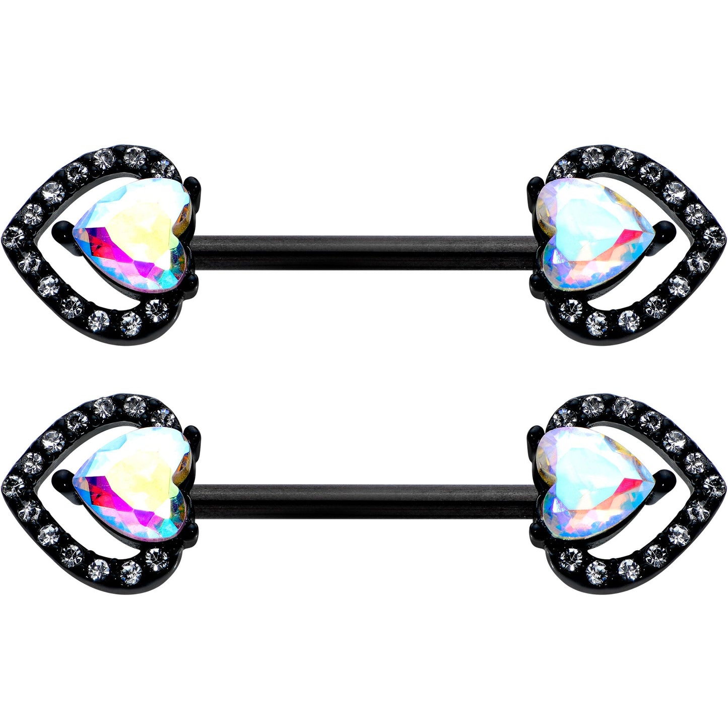 14 G 9/16 Aurora Gem Black Rococo Heart Barbell Nipple Ring Set