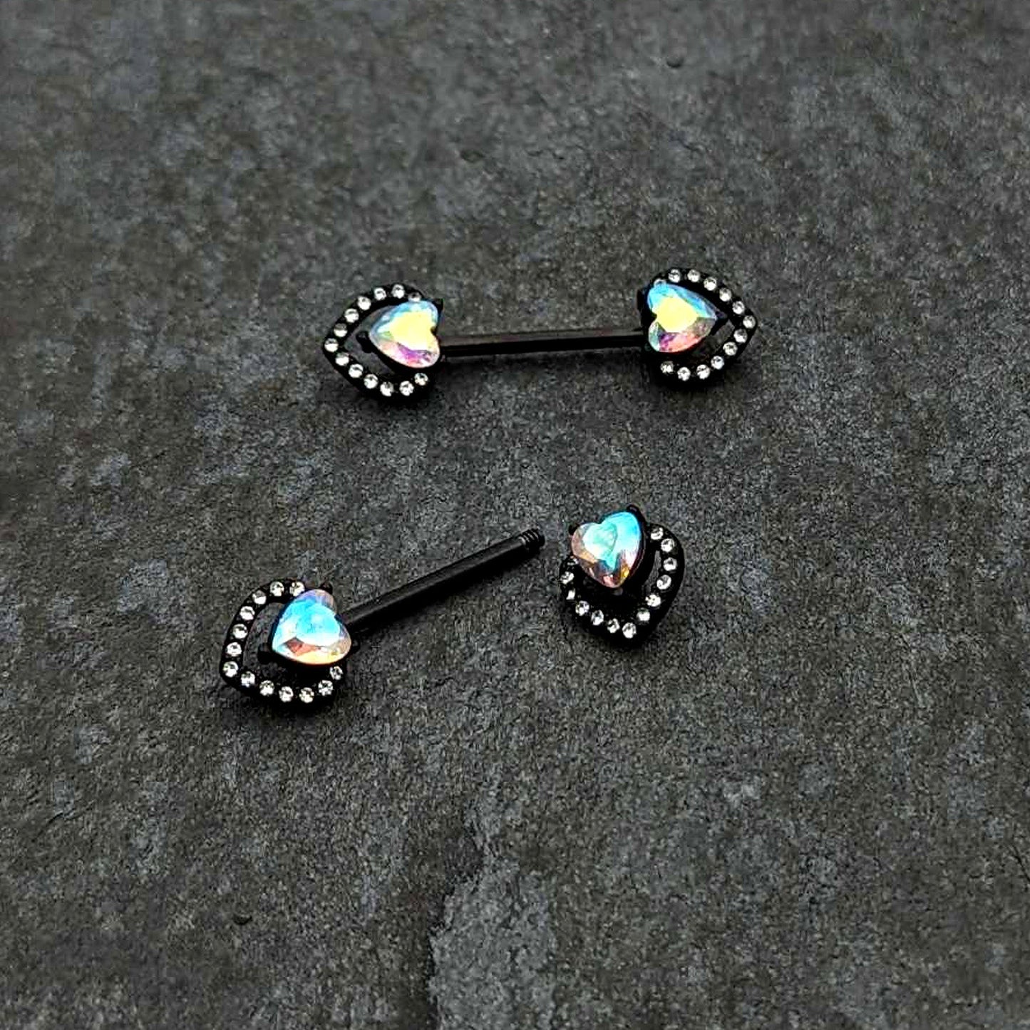 14 G 9/16 Aurora Gem Black Rococo Heart Barbell Nipple Ring Set