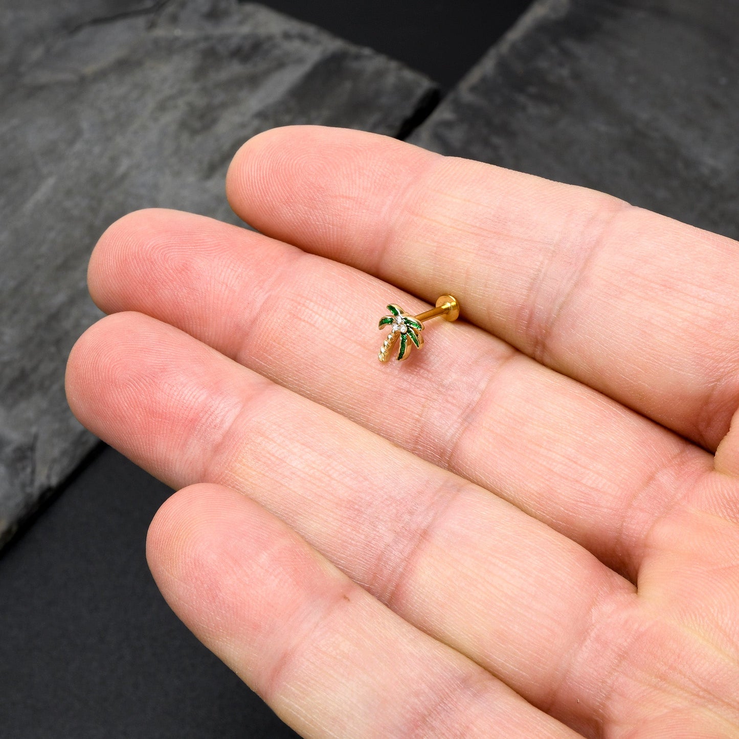 16G 5/16 Clear Gem Gold Tone Palm Tree Style Labret Monroe Tragus