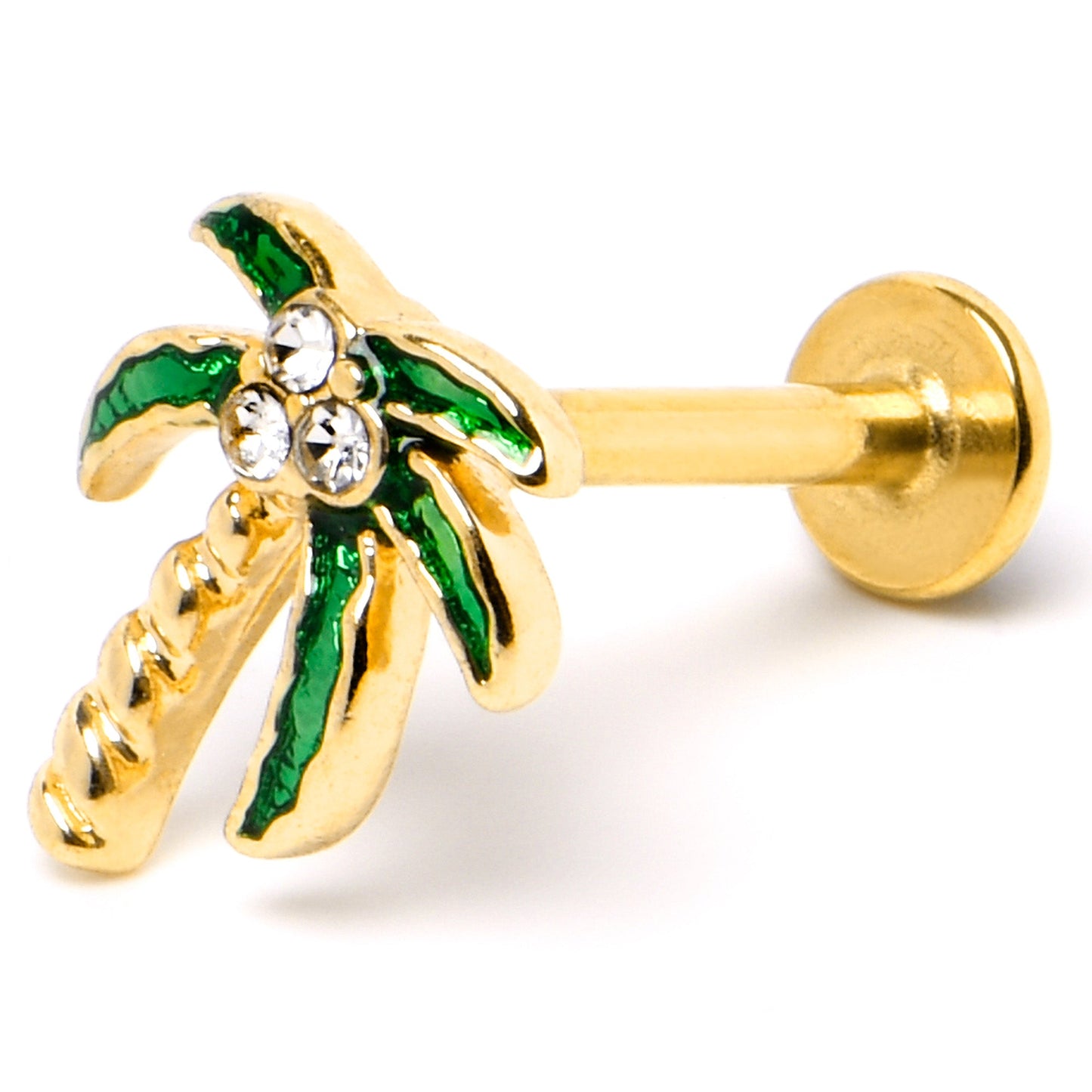 16G 5/16 Clear Gem Gold Tone Palm Tree Style Labret Monroe Tragus