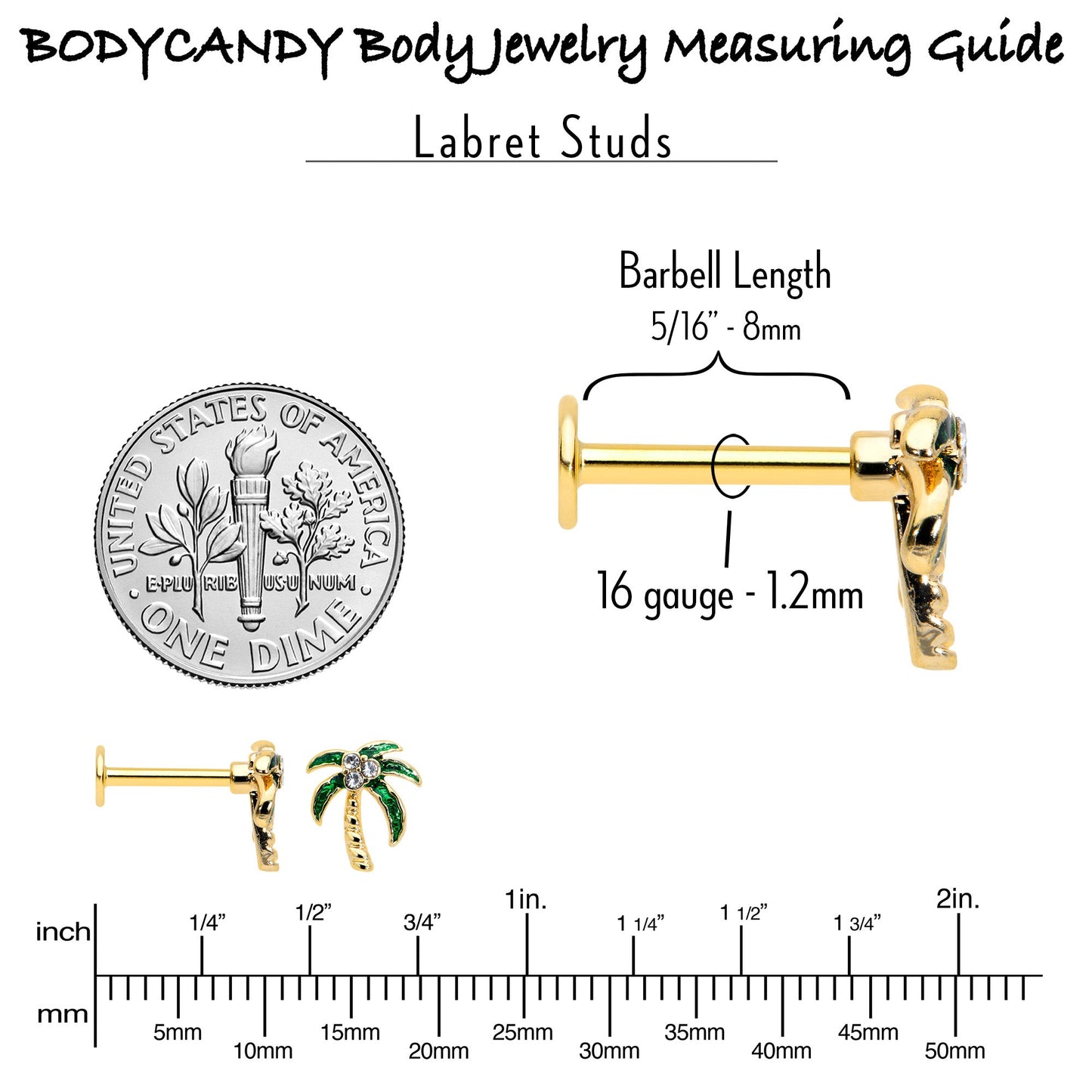 16G 5/16 Clear Gem Gold Tone Palm Tree Style Labret Monroe Tragus