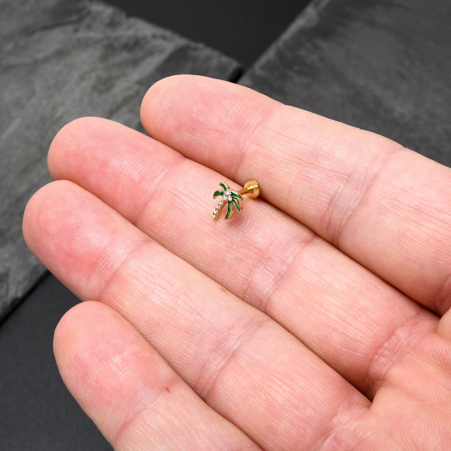 16G 1/4 Clear Gem Gold Tone Palm Tree Style Labret