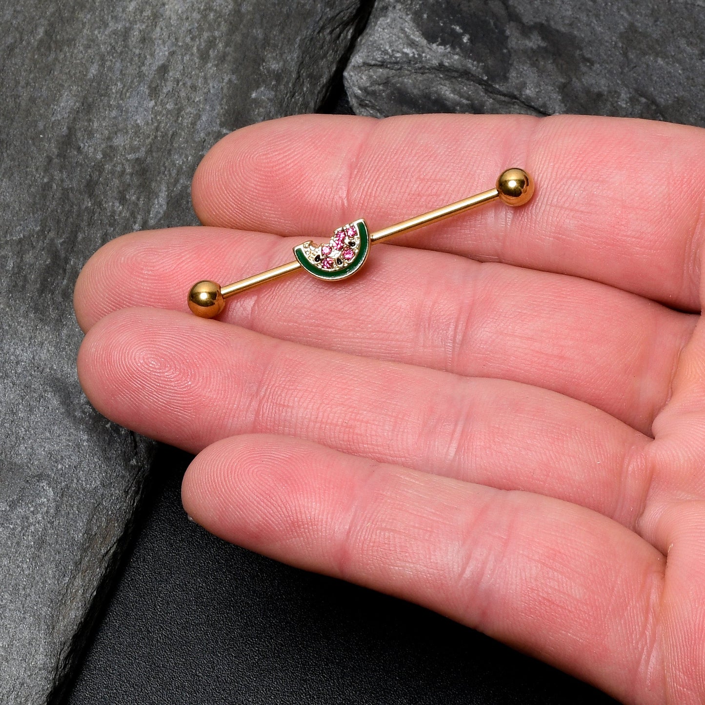 14G Gold Tone Watermelon Bite Industrial Barbell 38mm