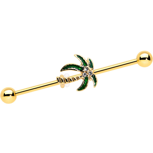 14G Clear Gem Gold Tone Palm Tree Style Industrial Barbell 38mm