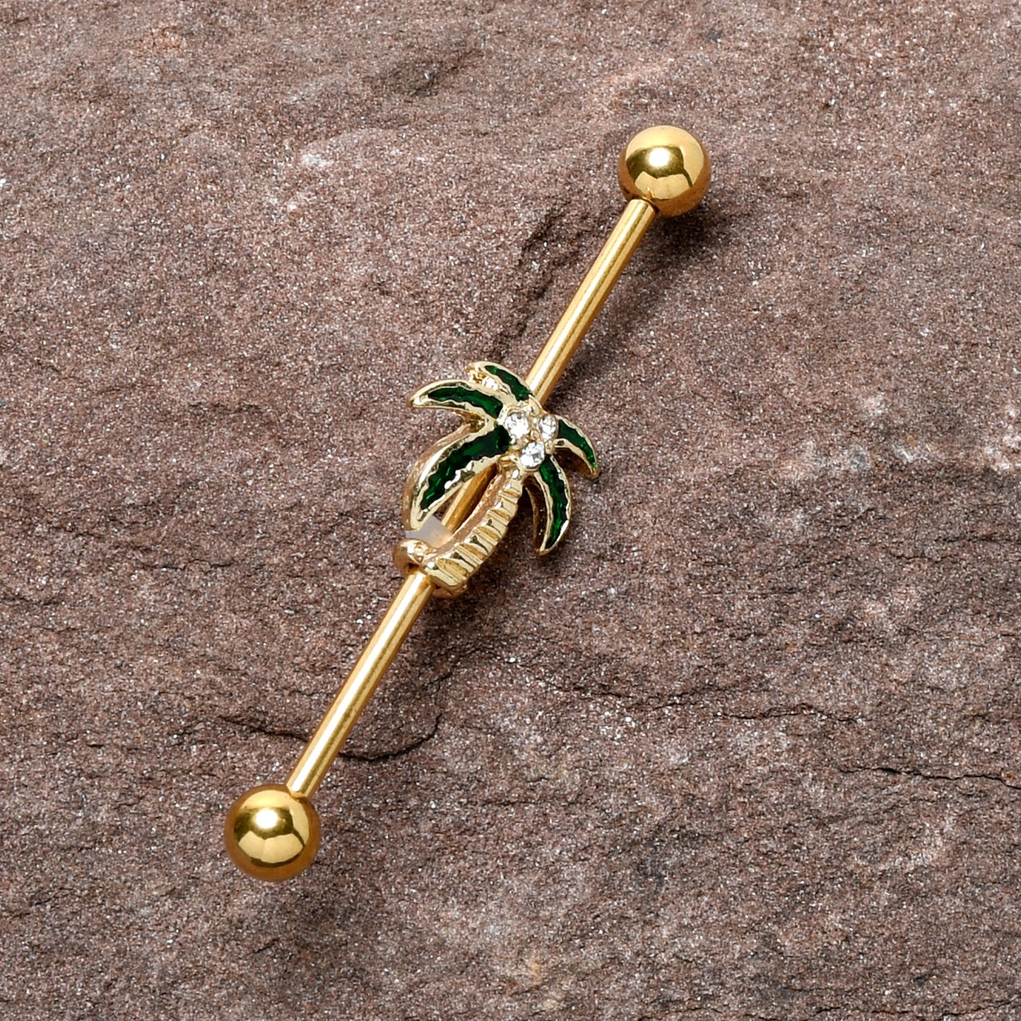 14G Clear Gem Gold Tone Palm Tree Style Industrial Barbell 38mm