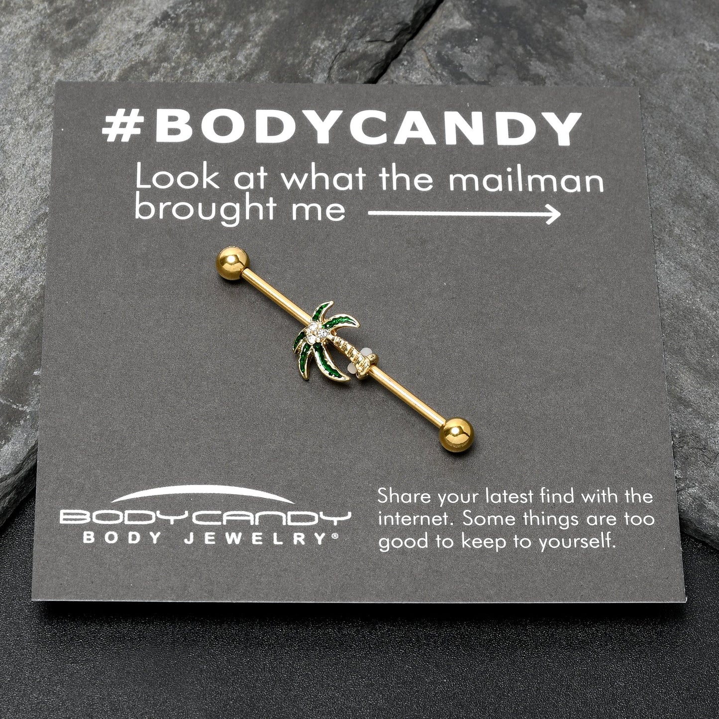 14G Clear Gem Gold Tone Palm Tree Style Industrial Barbell 38mm