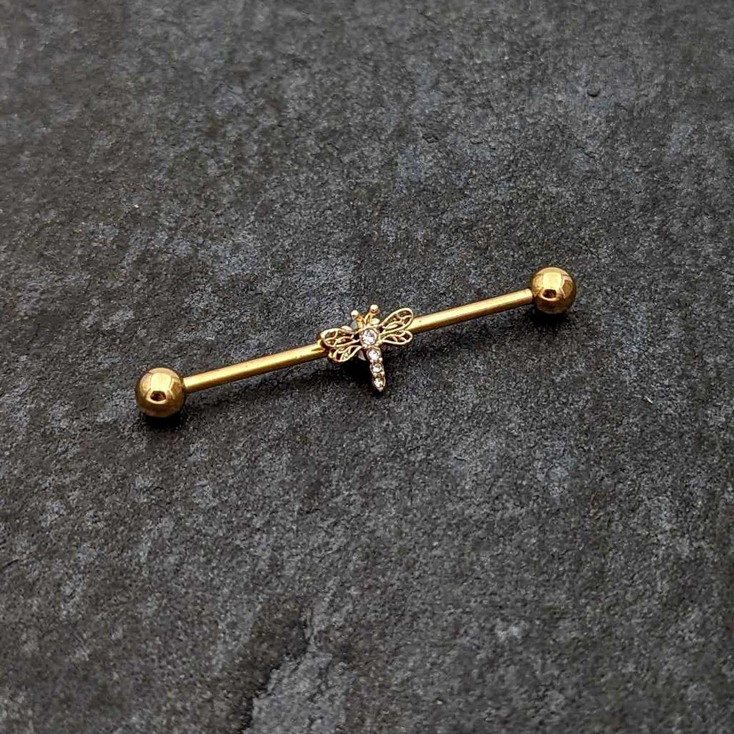 14G Clear Gem Gold Tone Flying Dragonfly Industrial Barbell 38mm