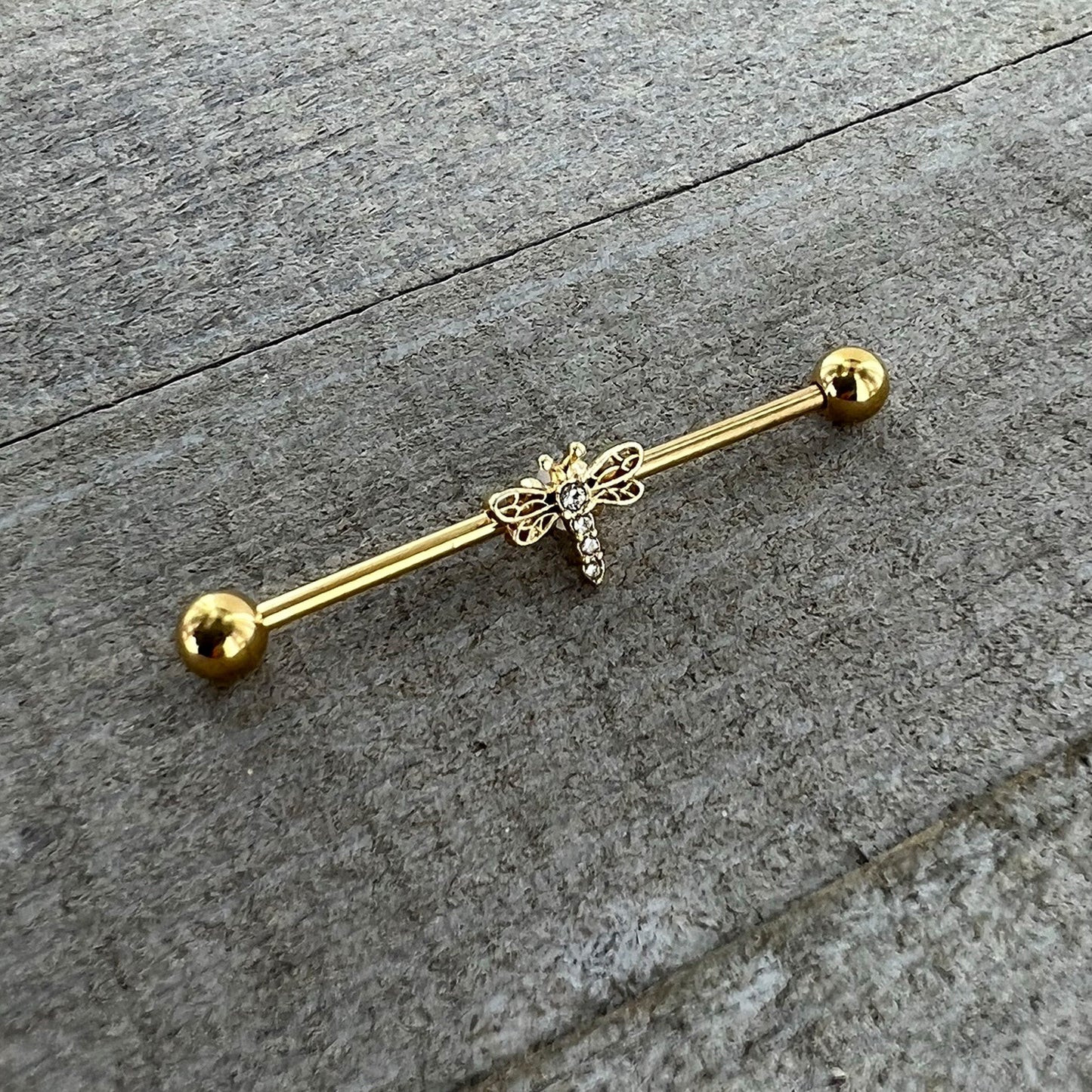 14G Clear Gem Gold Tone Flying Dragonfly Industrial Barbell 38mm