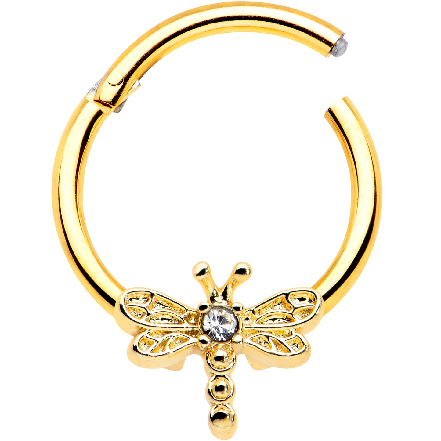 16G 3/8 Clear Gem Gold Tone Flying Dragonfly Hinged Segment Ring