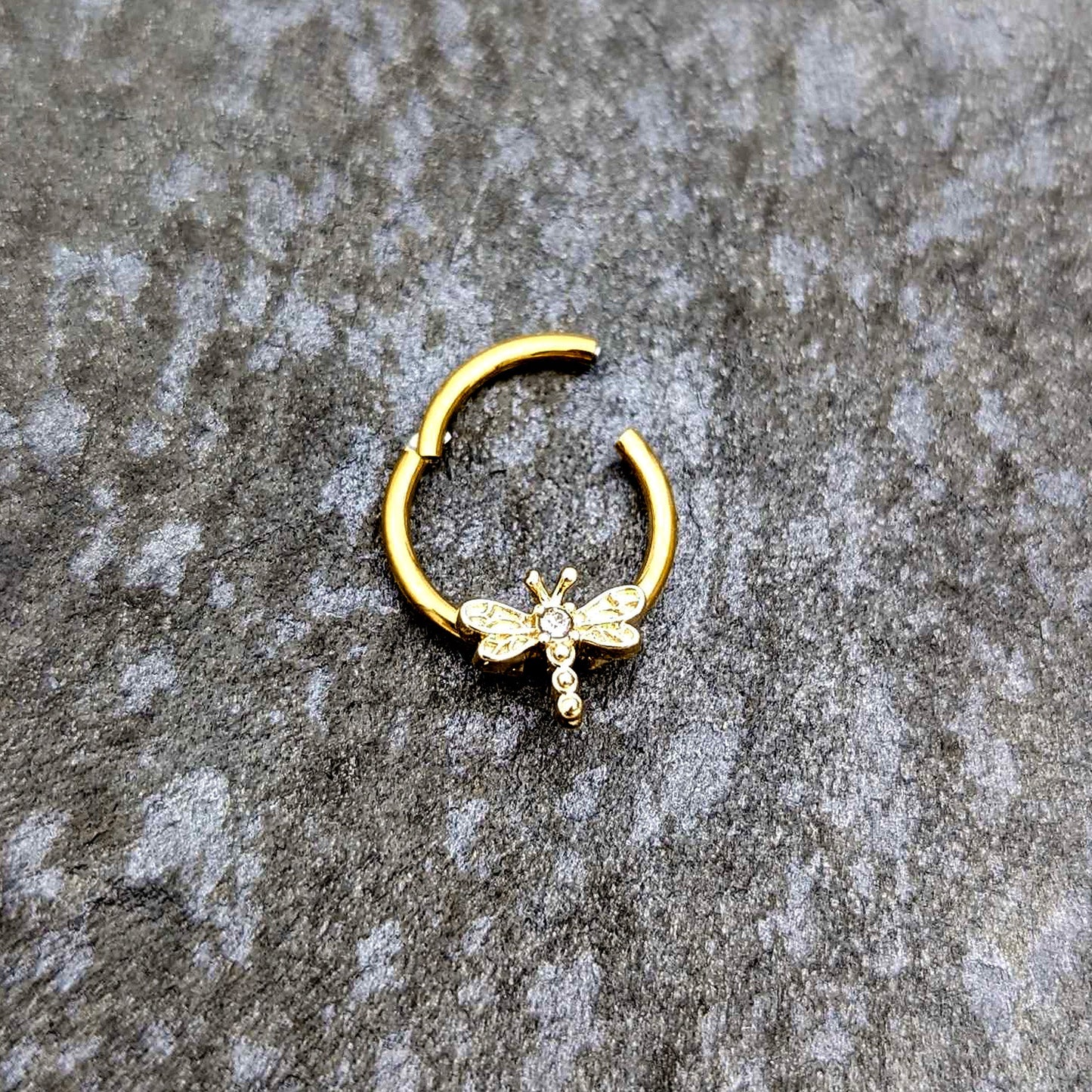 16G 3/8 Clear Gem Gold Tone Flying Dragonfly Hinged Segment Ring