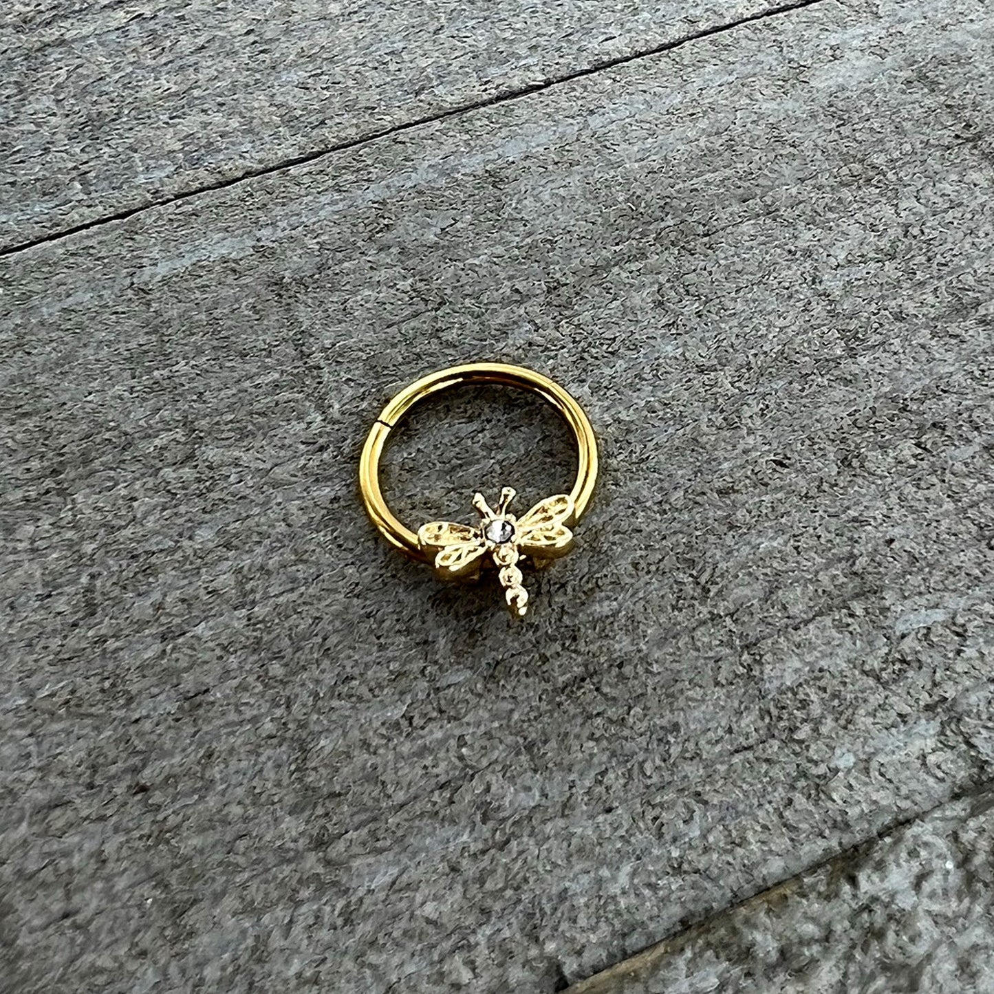 16G 3/8 Clear Gem Gold Tone Flying Dragonfly Hinged Segment Ring