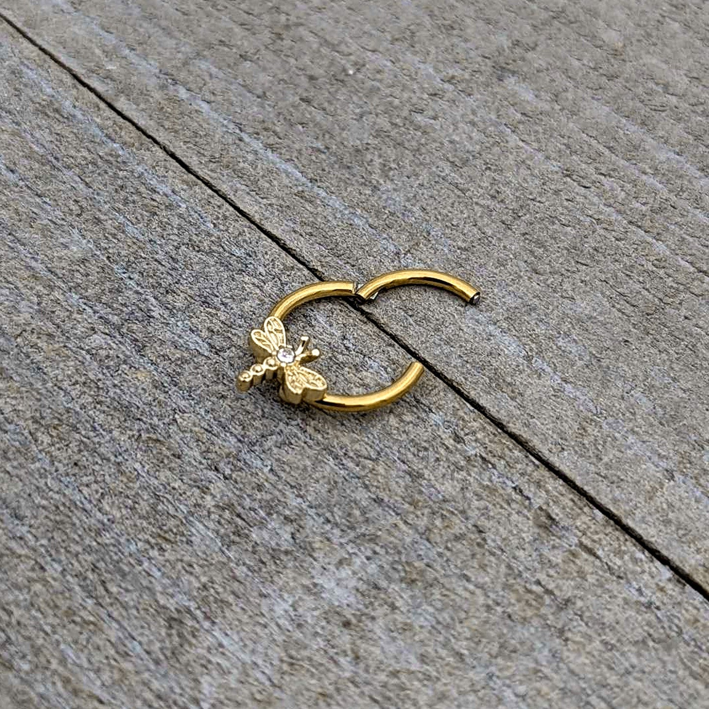 16G 3/8 Clear Gem Gold Tone Flying Dragonfly Hinged Segment Ring