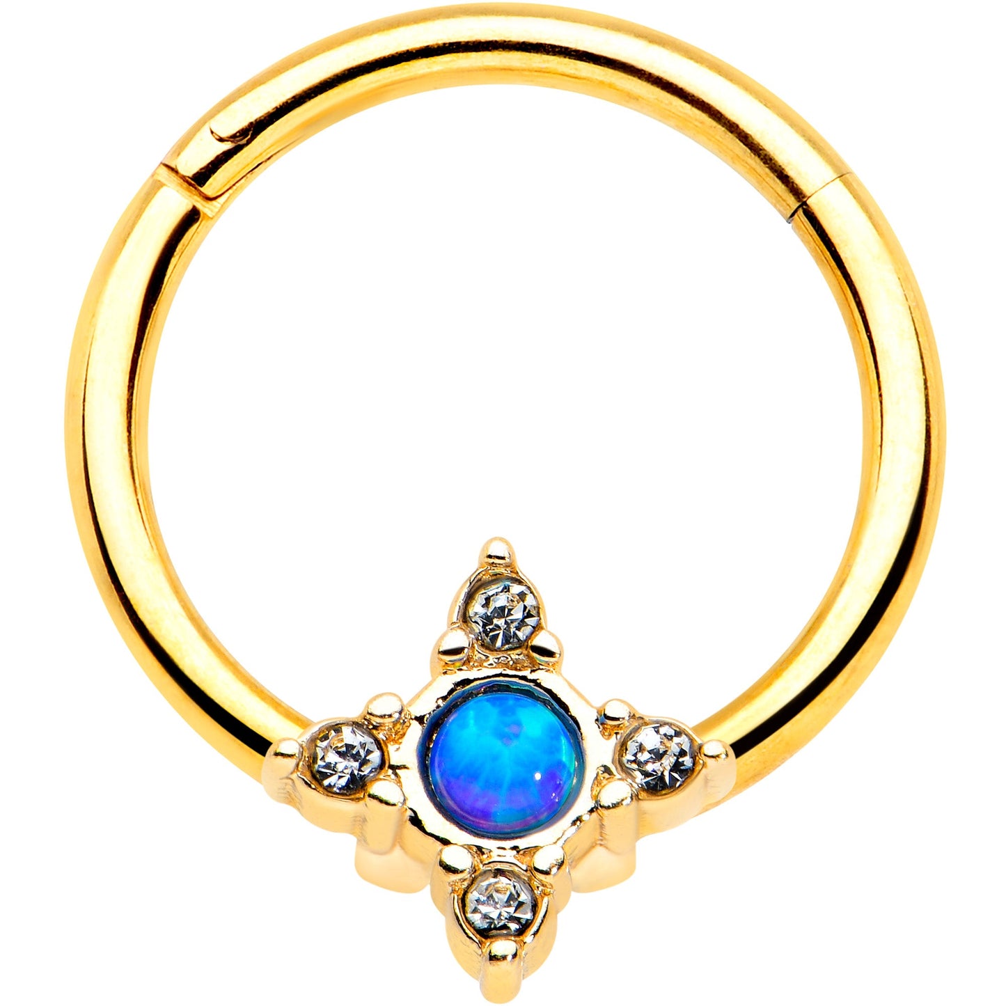 16G 3/8 Blue Synthetic Opal Gold Hue Rhombus Hinged Segment Ring