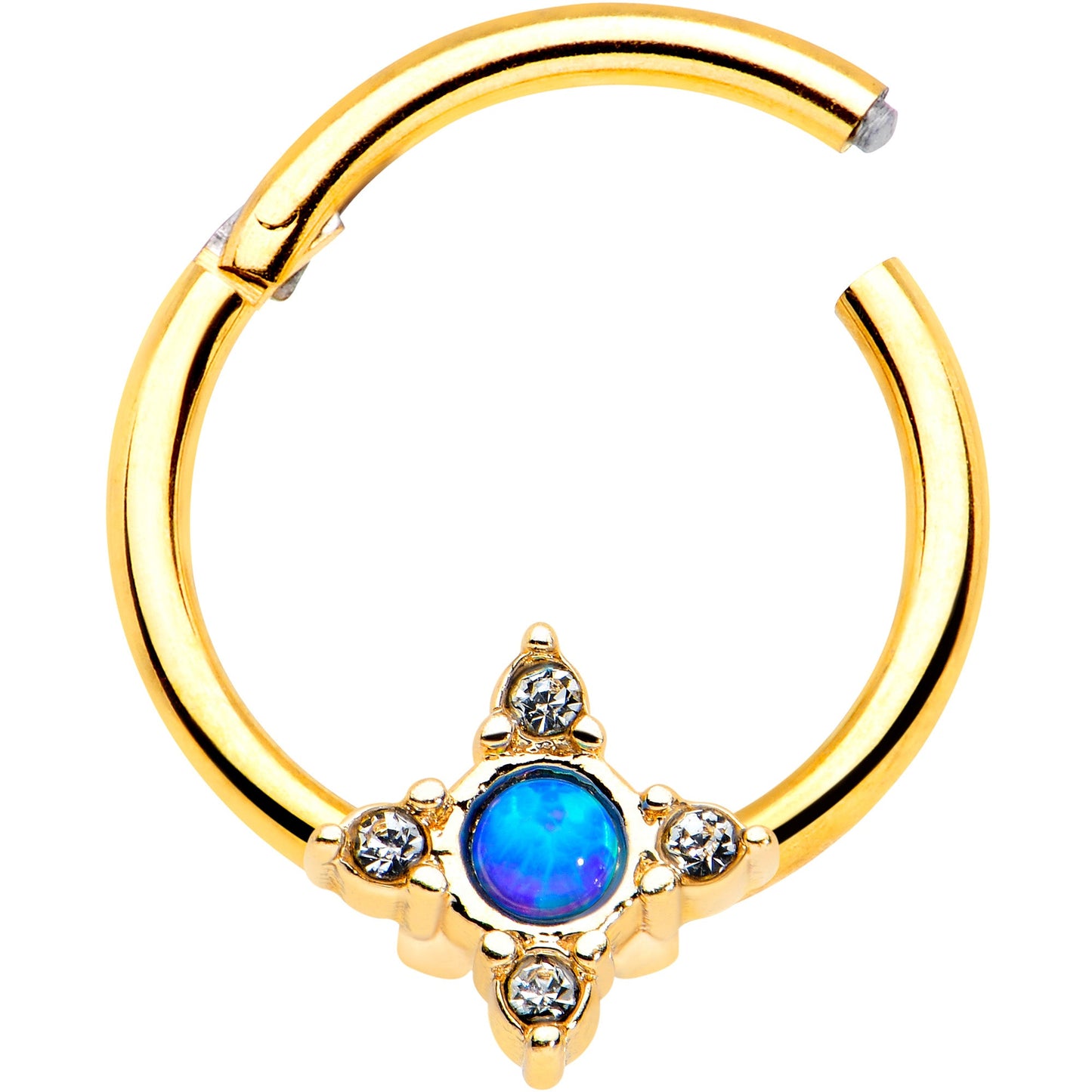 16G 3/8 Blue Synthetic Opal Gold Hue Rhombus Hinged Segment Ring