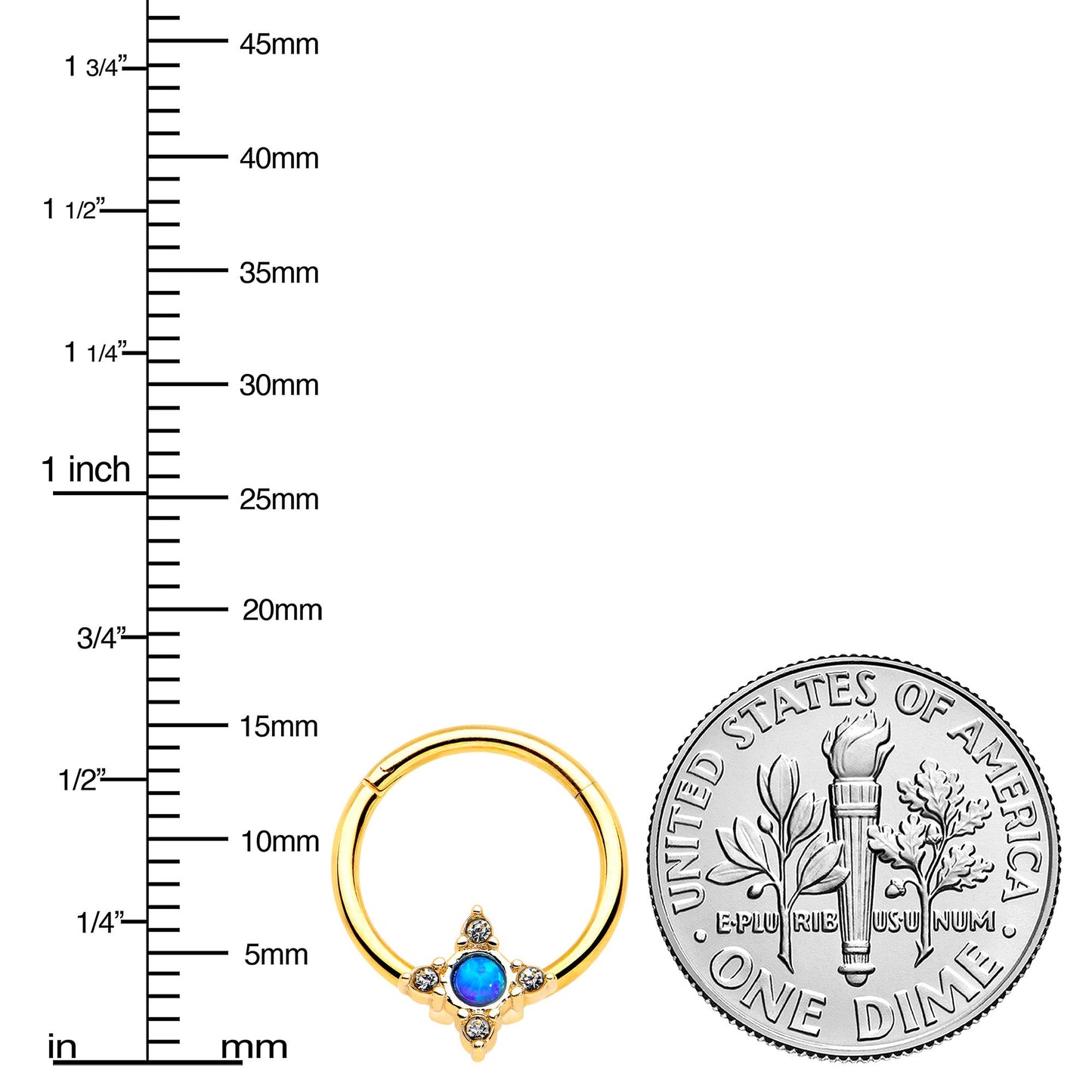 16G 3/8 Blue Synthetic Opal Gold Hue Rhombus Hinged Segment Ring