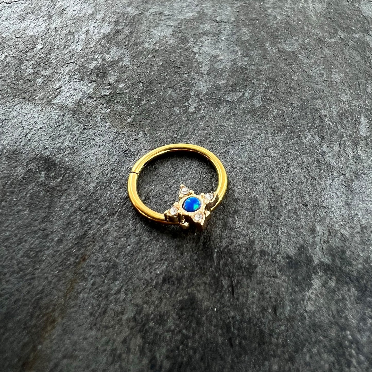 16G 3/8 Blue Synthetic Opal Gold Hue Rhombus Hinged Segment Ring