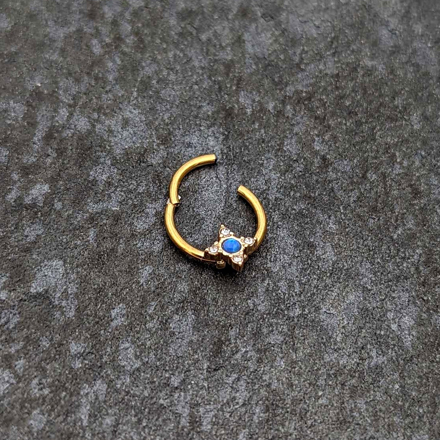 16G 3/8 Blue Synthetic Opal Gold Hue Rhombus Hinged Segment Ring