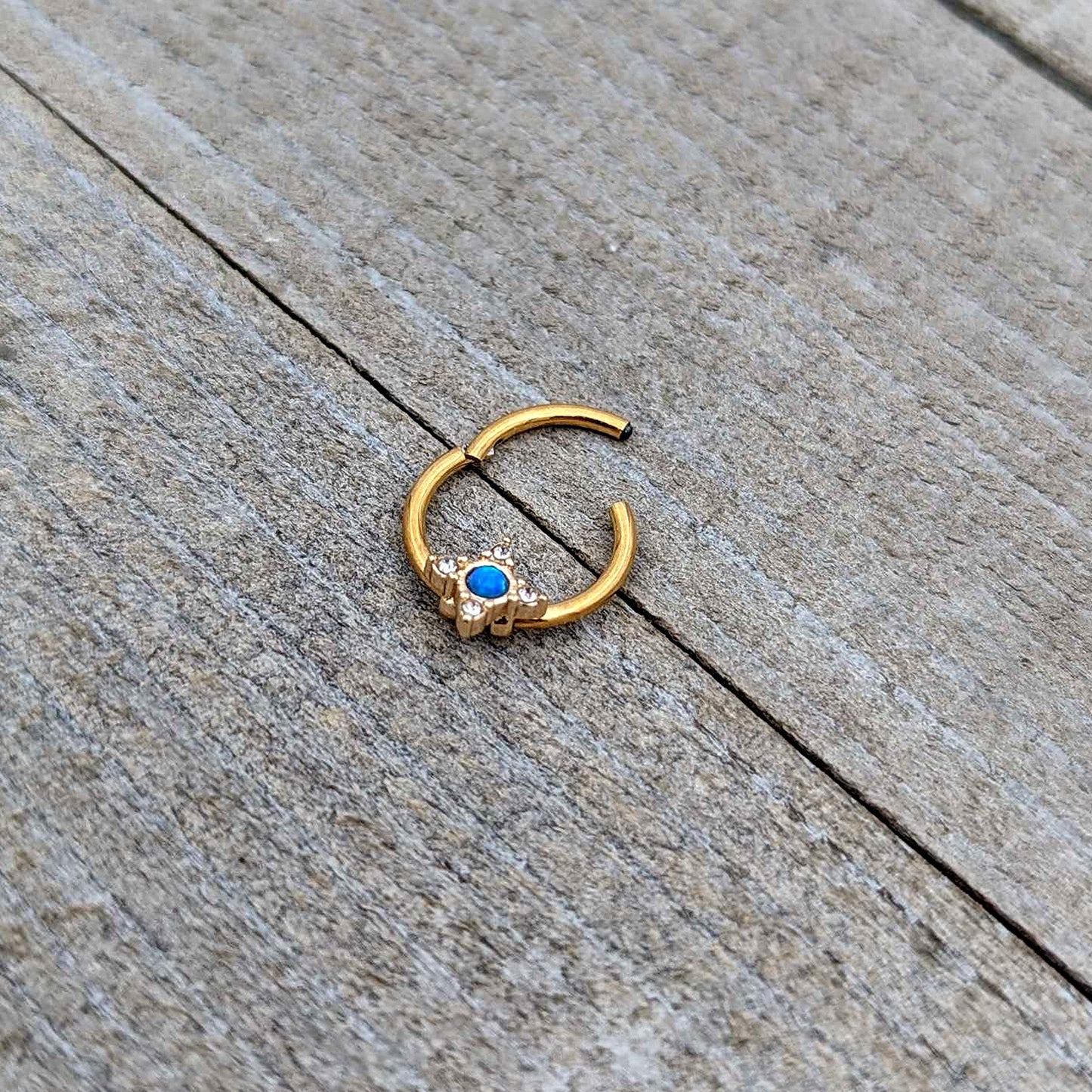 16G 3/8 Blue Synthetic Opal Gold Hue Rhombus Hinged Segment Ring