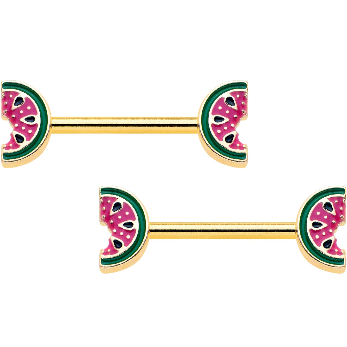 14G 9/16 Gold Tone Watermelon Bite Barbell Nipple Ring Set