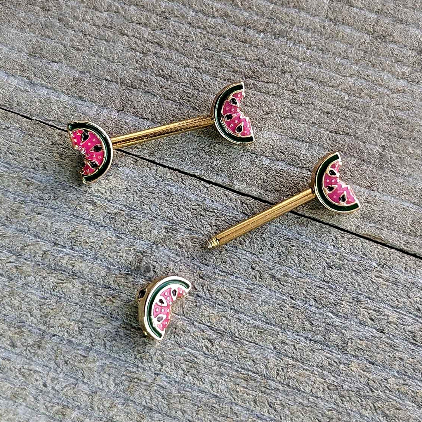 14G 9/16 Gold Tone Watermelon Bite Barbell Nipple Ring Set