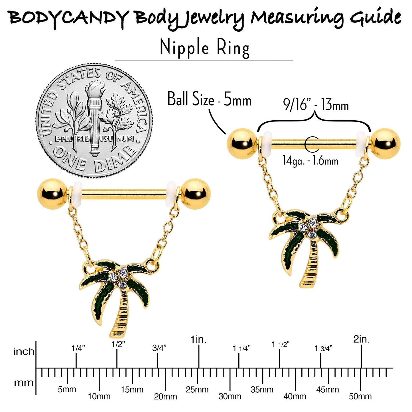 14G 9/16 Clear Gem Gold Hue Palm Tree Style Dangle Nipple Ring Set