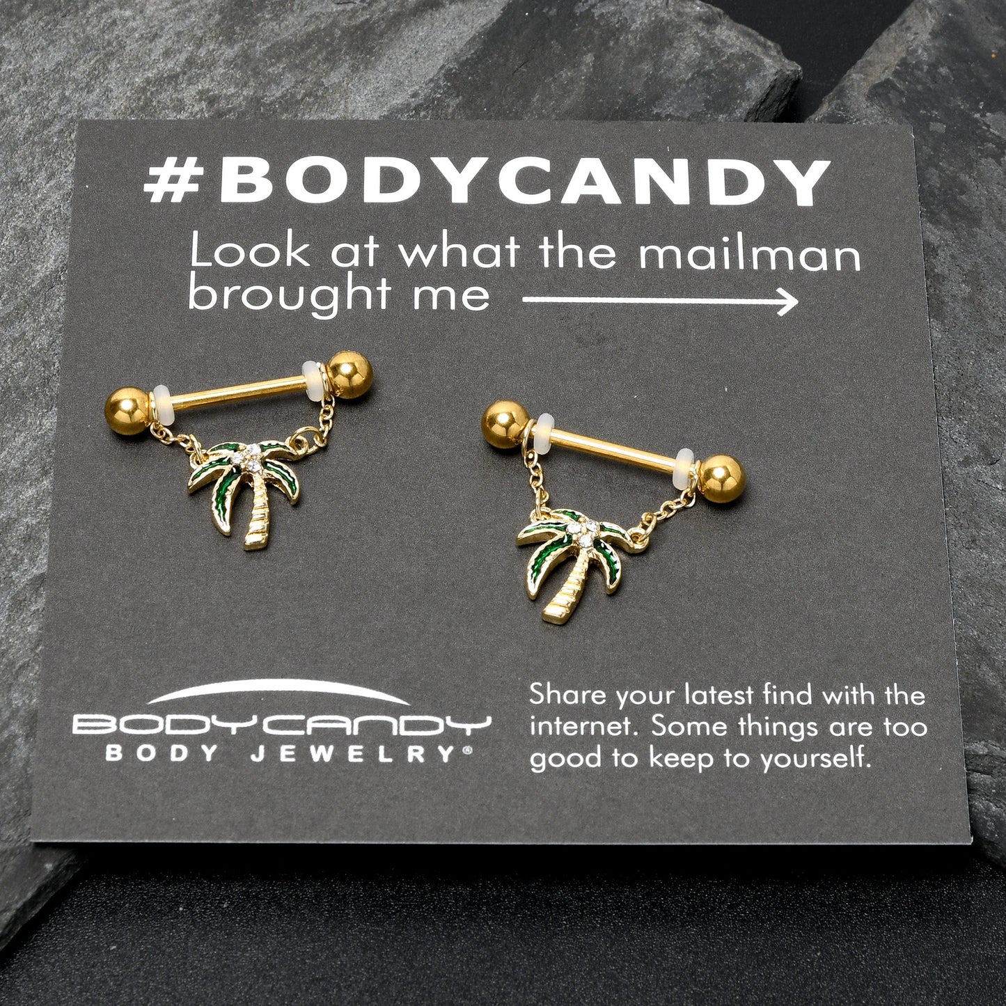 14G 9/16 Clear Gem Gold Hue Palm Tree Style Dangle Nipple Ring Set