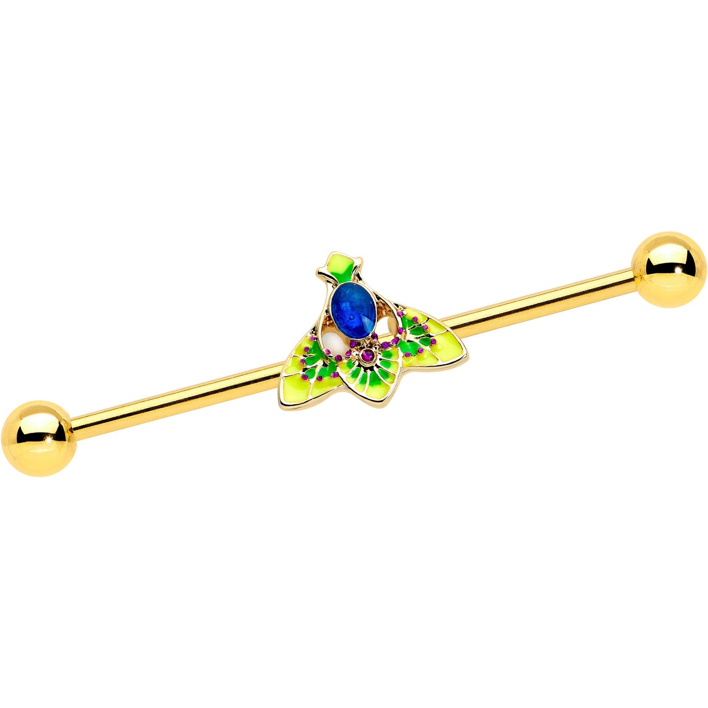 14G Blue Purple Gem Gold Tone Tropic Fan Industrial Barbell 38mm