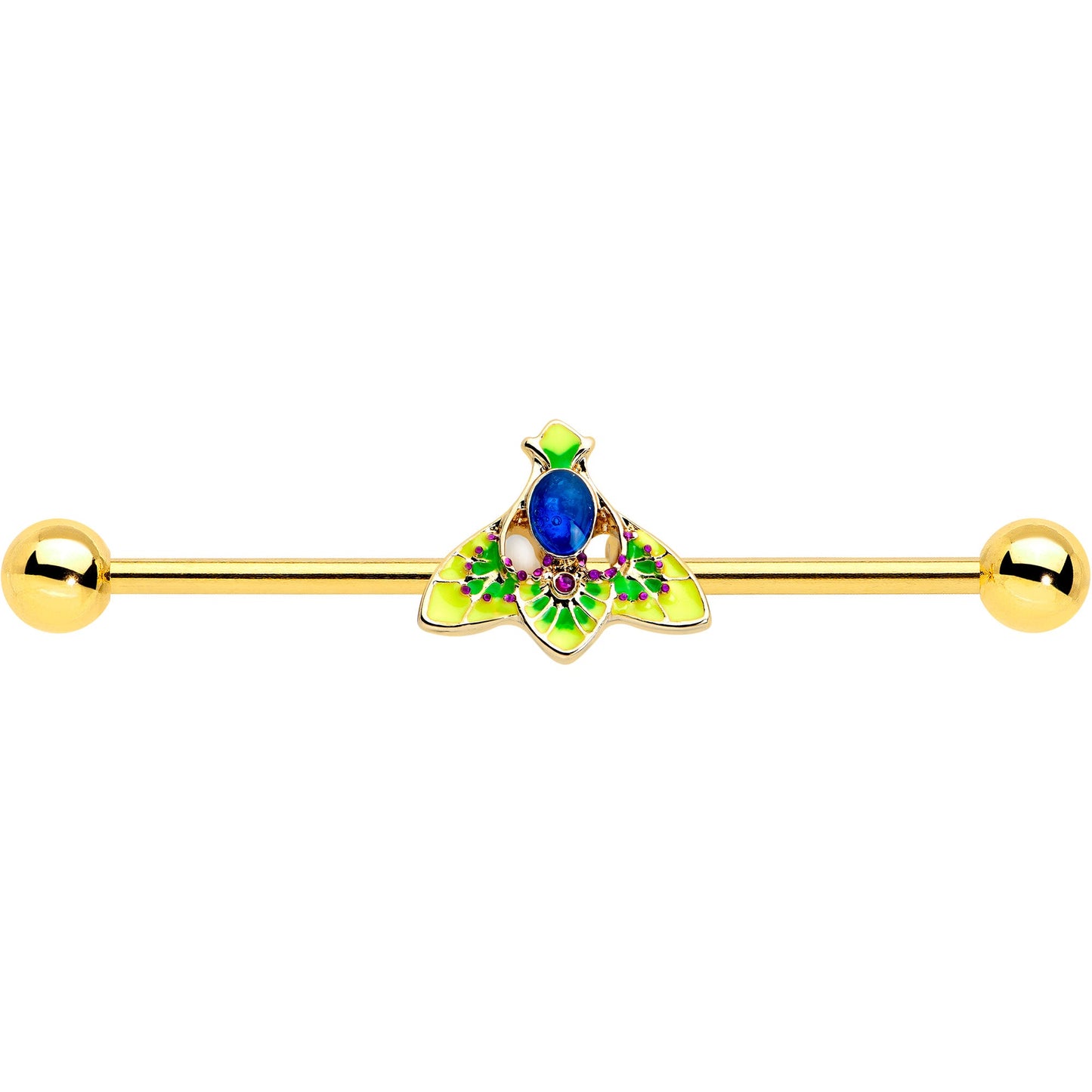 14G Blue Purple Gem Gold Tone Tropic Fan Industrial Barbell 38mm
