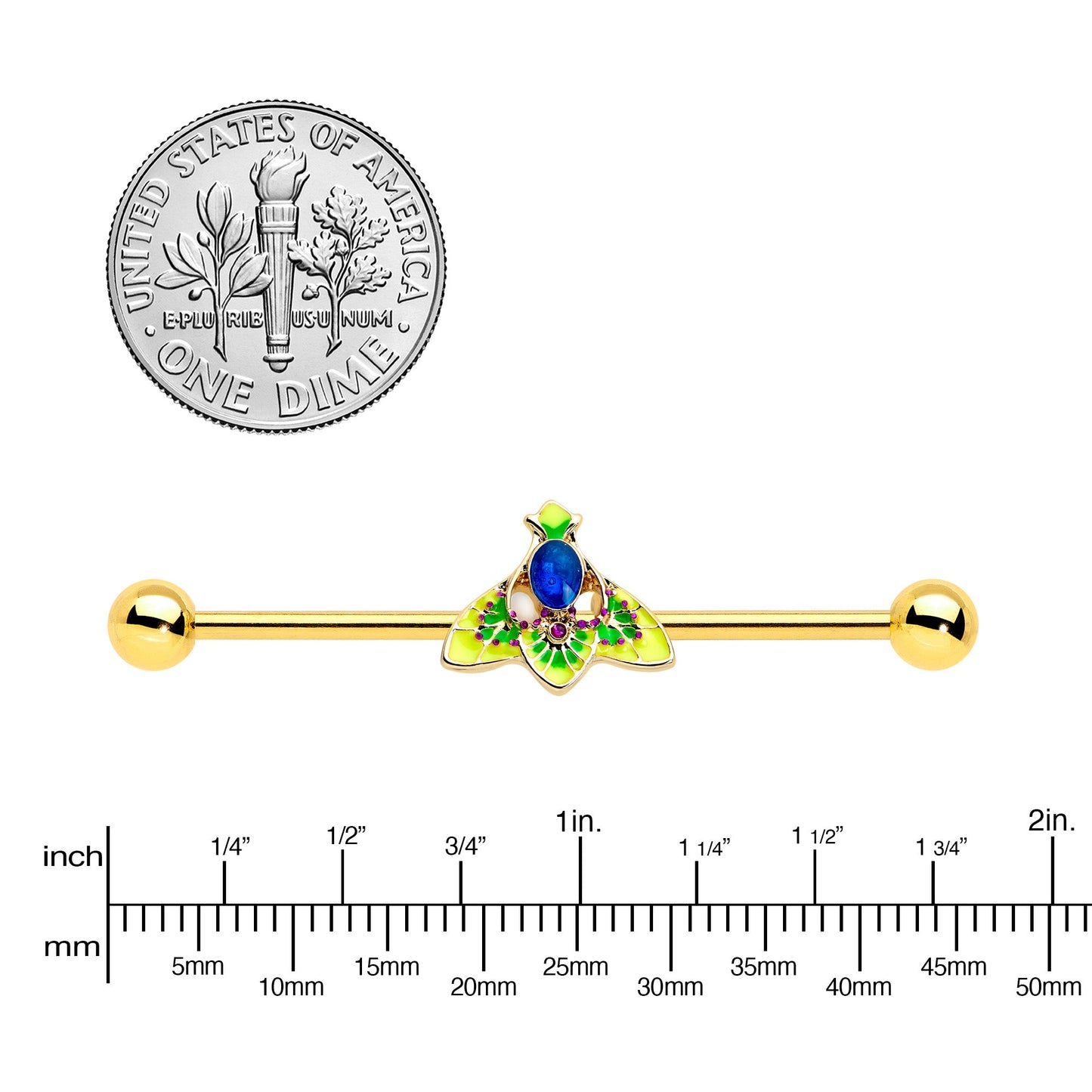 14G Blue Purple Gem Gold Tone Tropic Fan Industrial Barbell 38mm