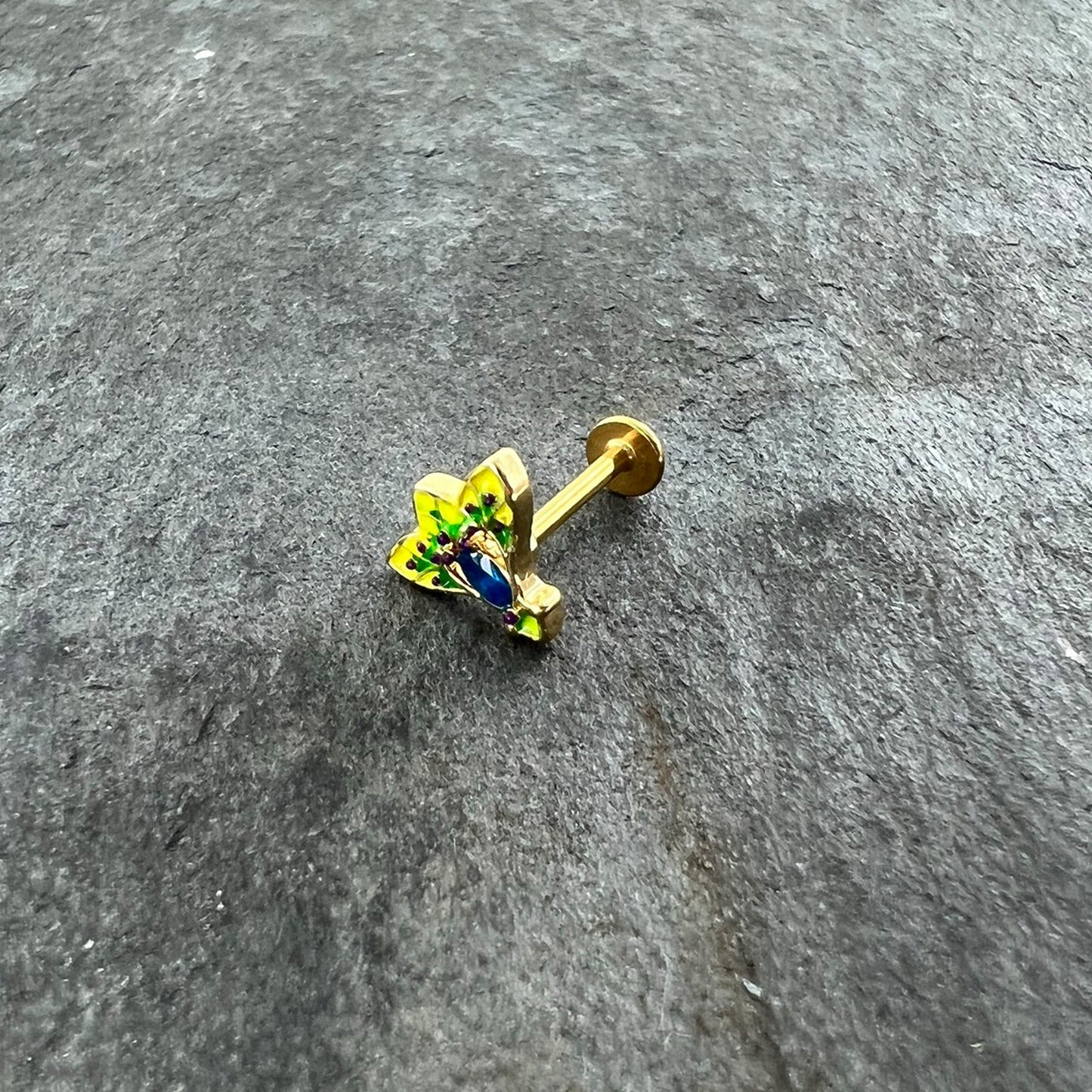 16G 5/16 Blue Gem Gold Tone Tropic Fan Labret Monroe Tragus